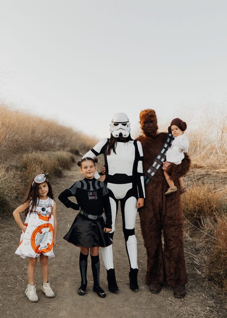 Dressing up as Star Wars characters is one of the family halloween costumes in this post.