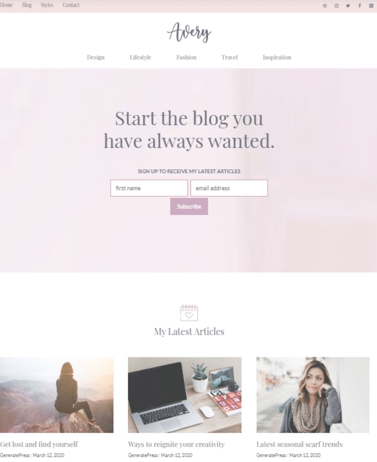 Avery is one of the wordpress templates GeneratePress premium offers