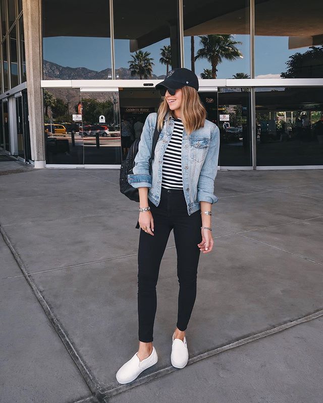 white shirt black pants denim jacket