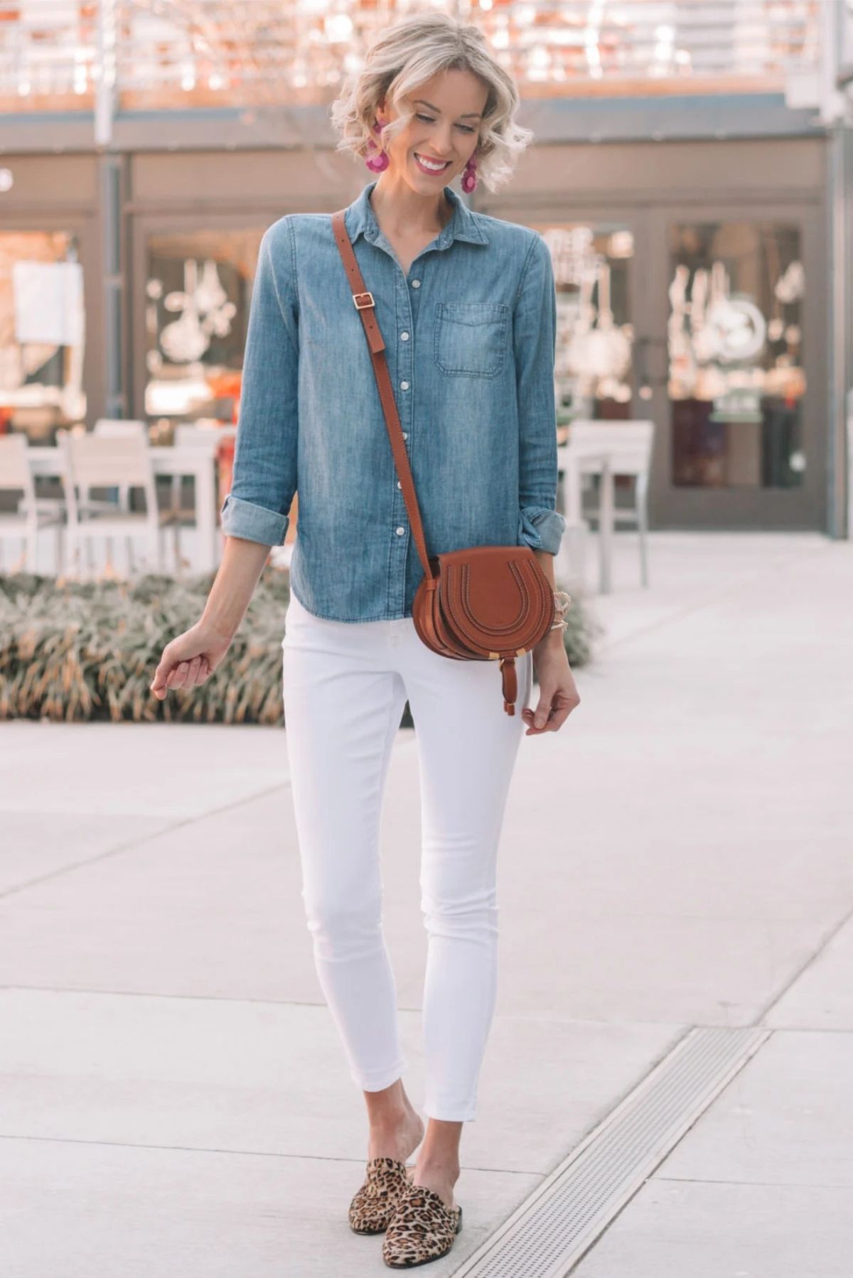 Chambray And White Jeans Outfit