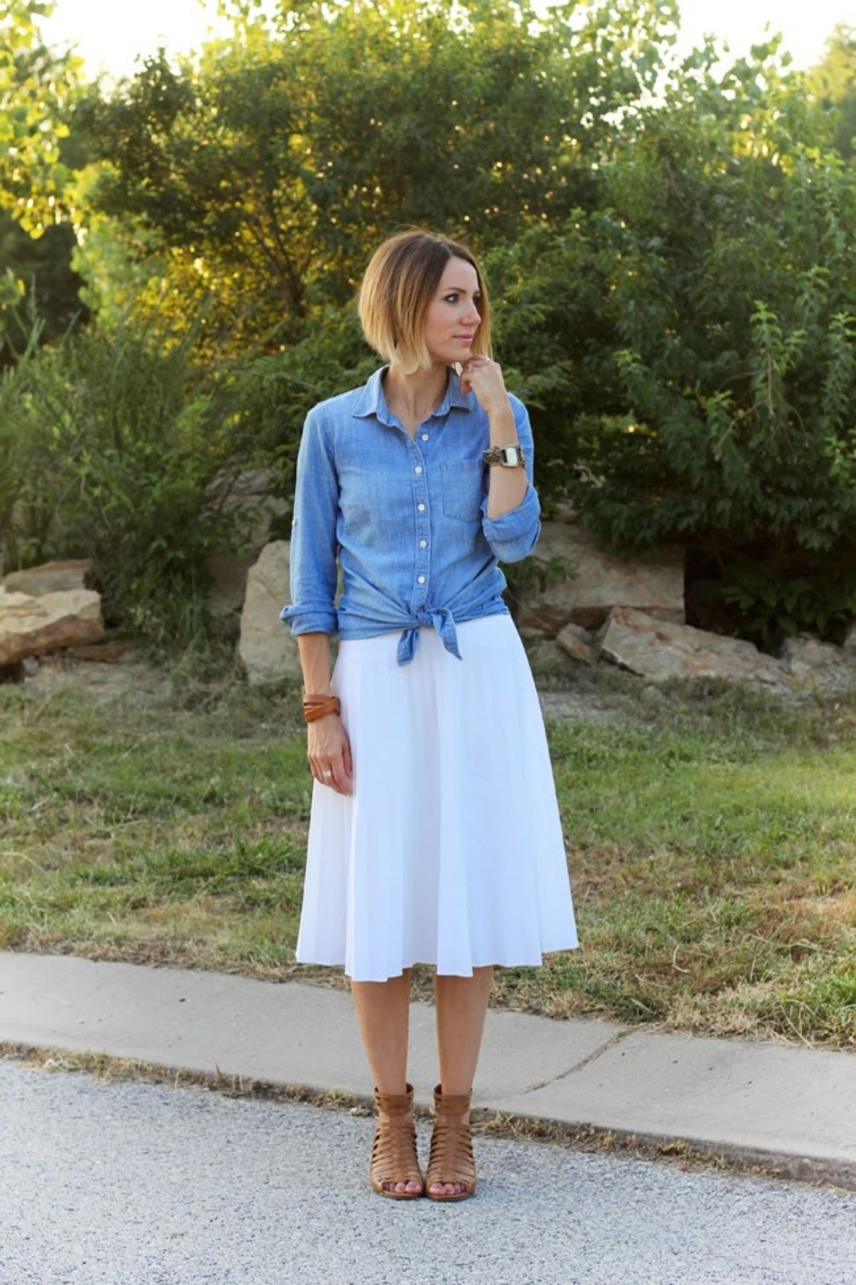 tie in a knot chambray shirt with white skirt