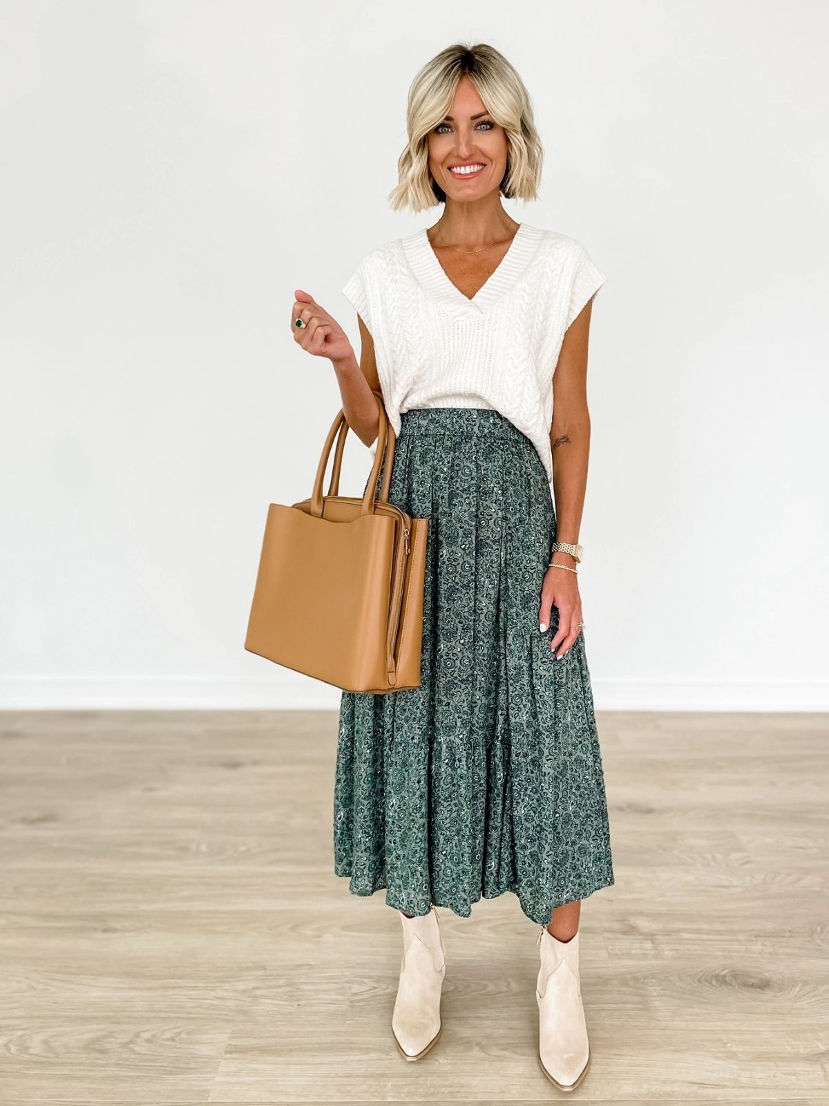 White Shirt With Green Skirt Look