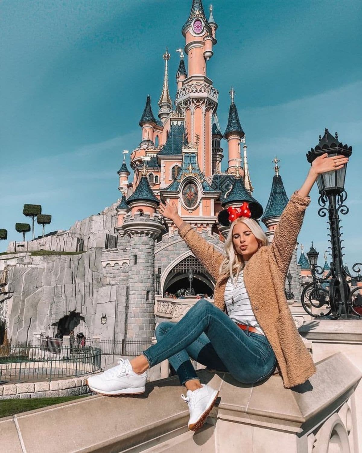 casual outfit with comfortable shoes, mickey ears, and cardigan