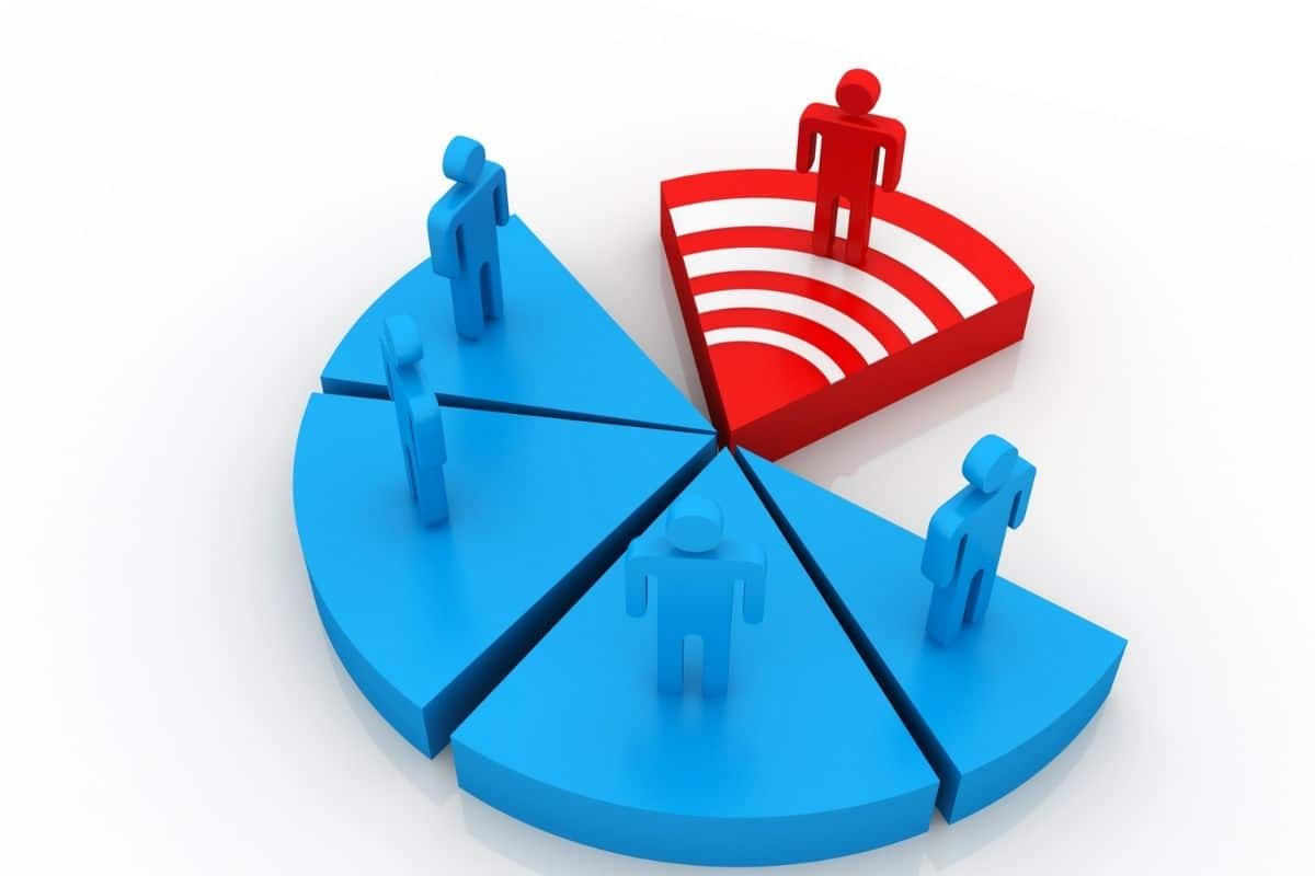people standing on a pie chart with majority colored blue and a small sliver representing a niche colored in red.