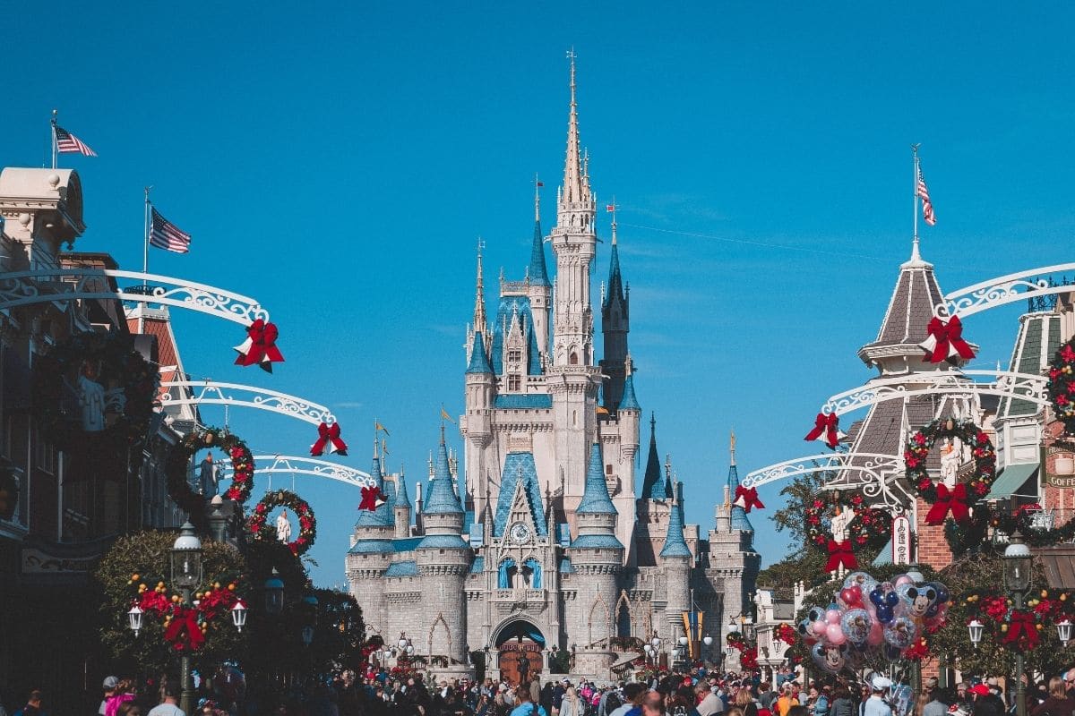 disney world casttle and main street at christmas time