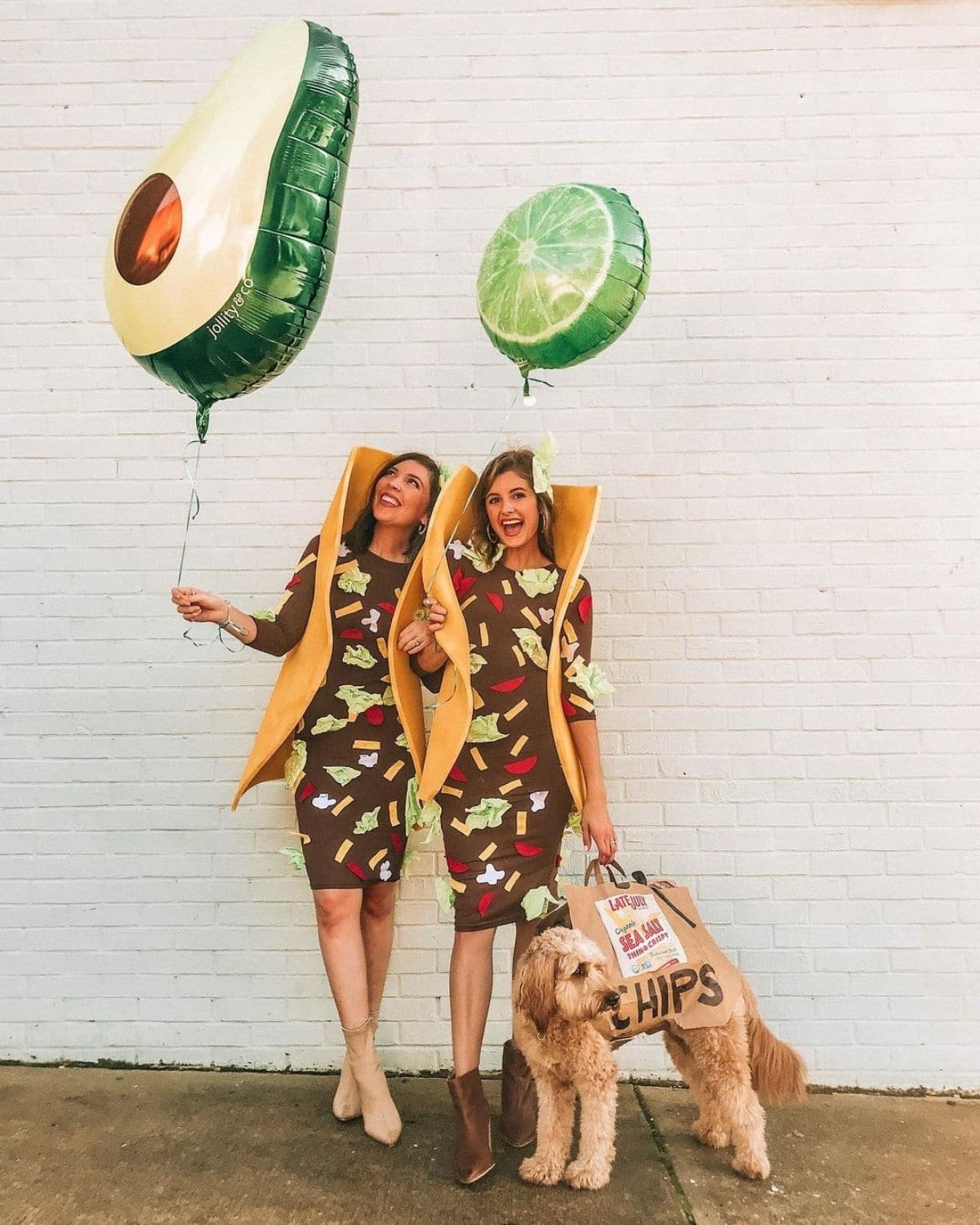 two girls dressed up as tacos with a dog dressed up as a bag of chips