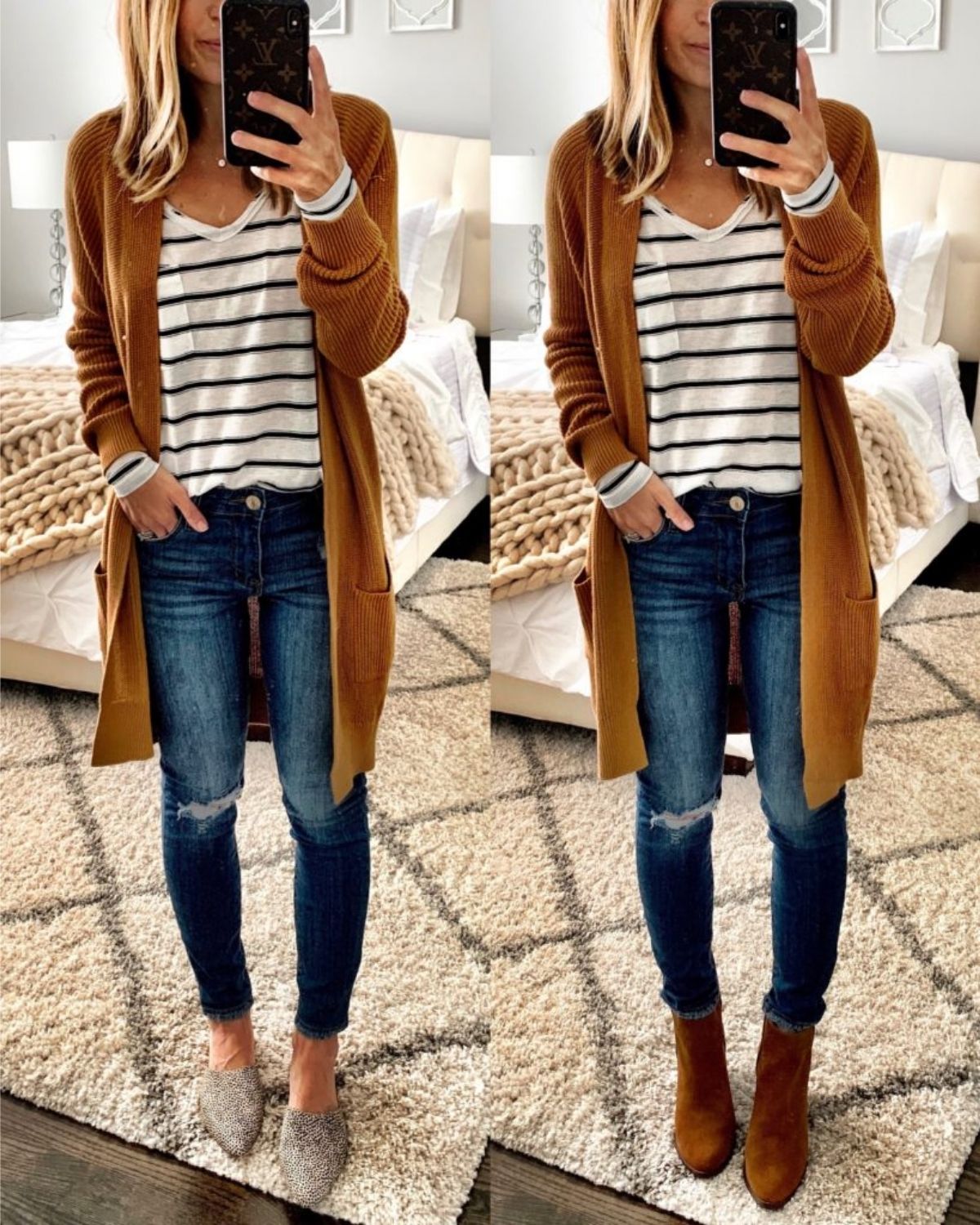 outfit with long cardigan and striped top