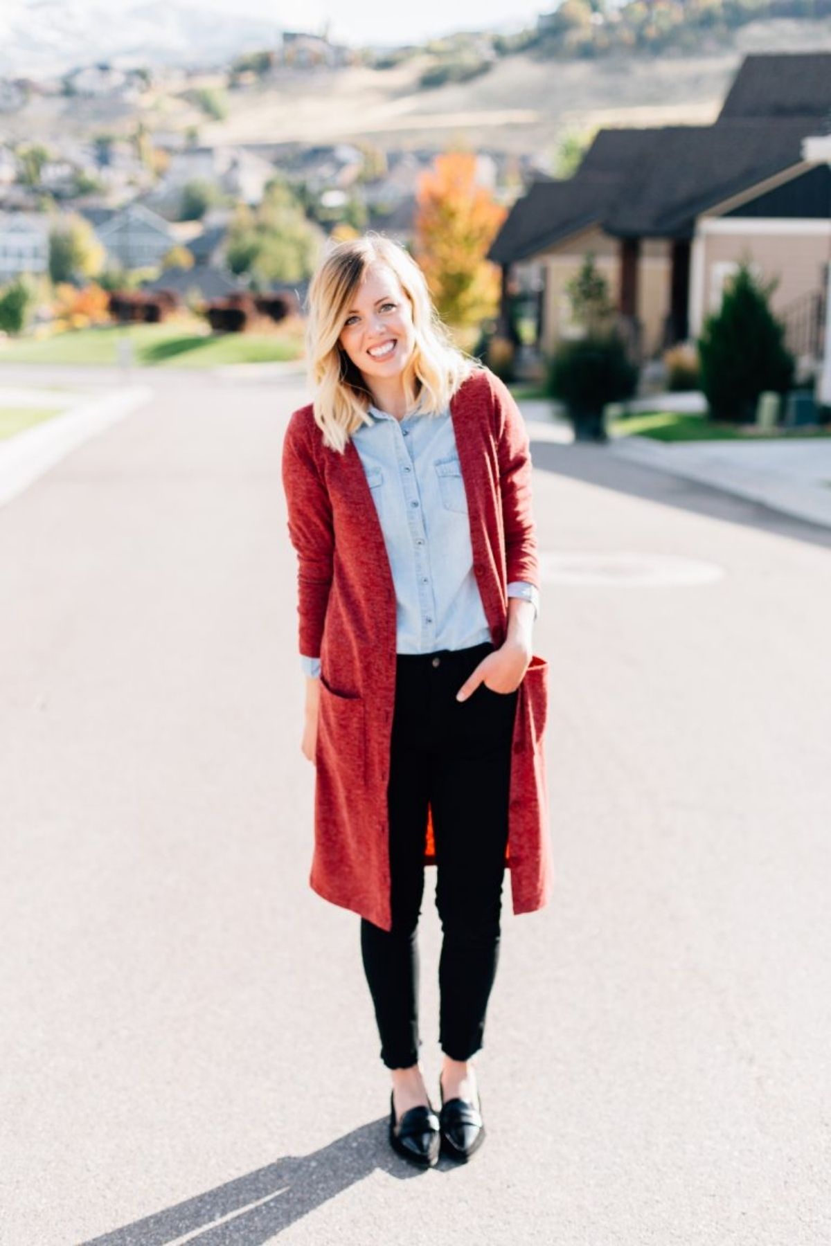 styling long cardigan with button down shirt