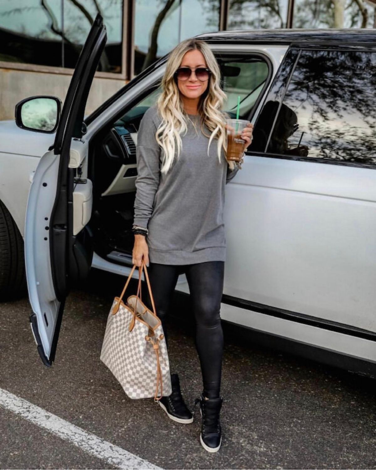 style leather leggings with sweatshirt