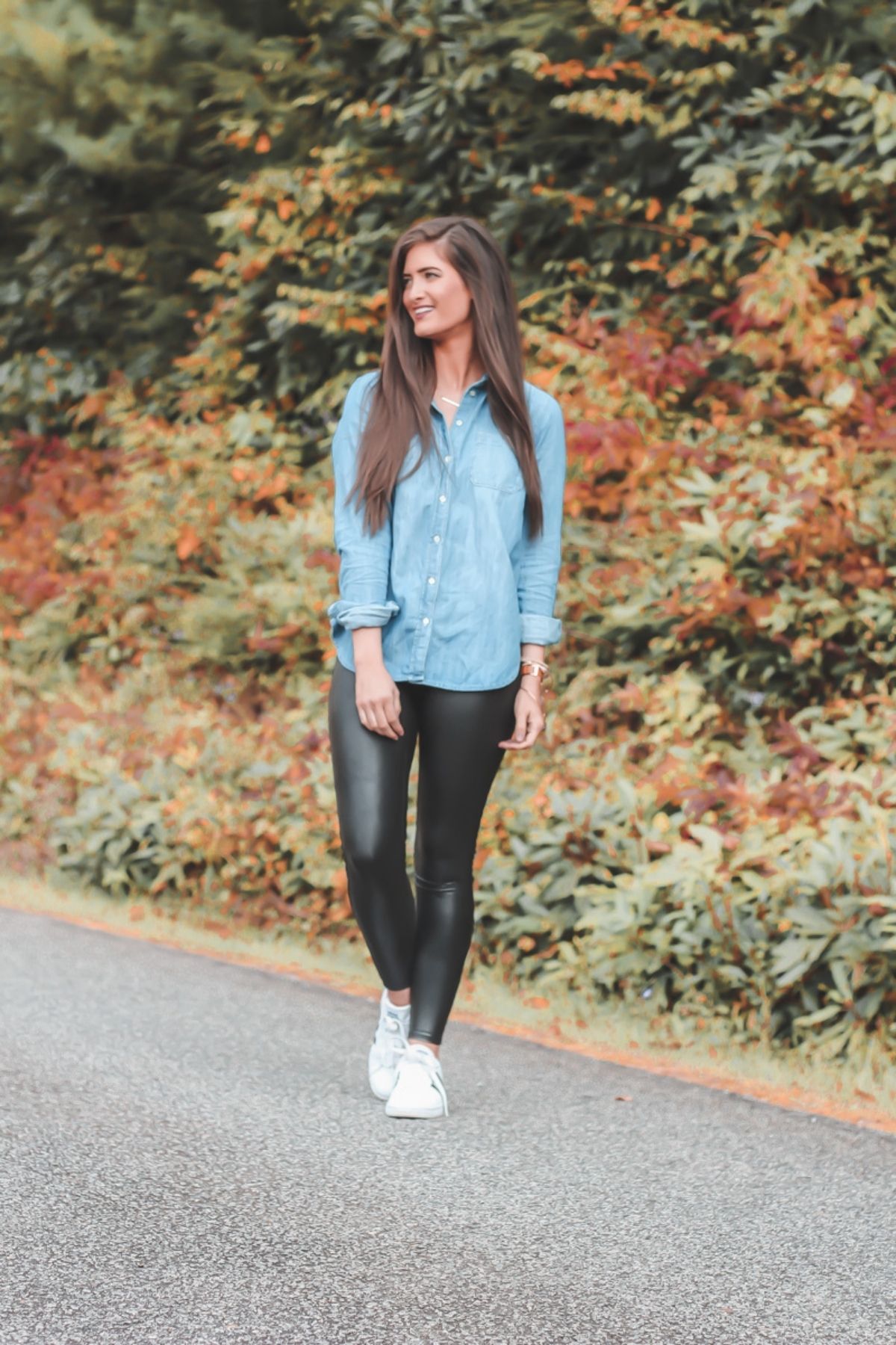 wear leather leggings with button down shirt