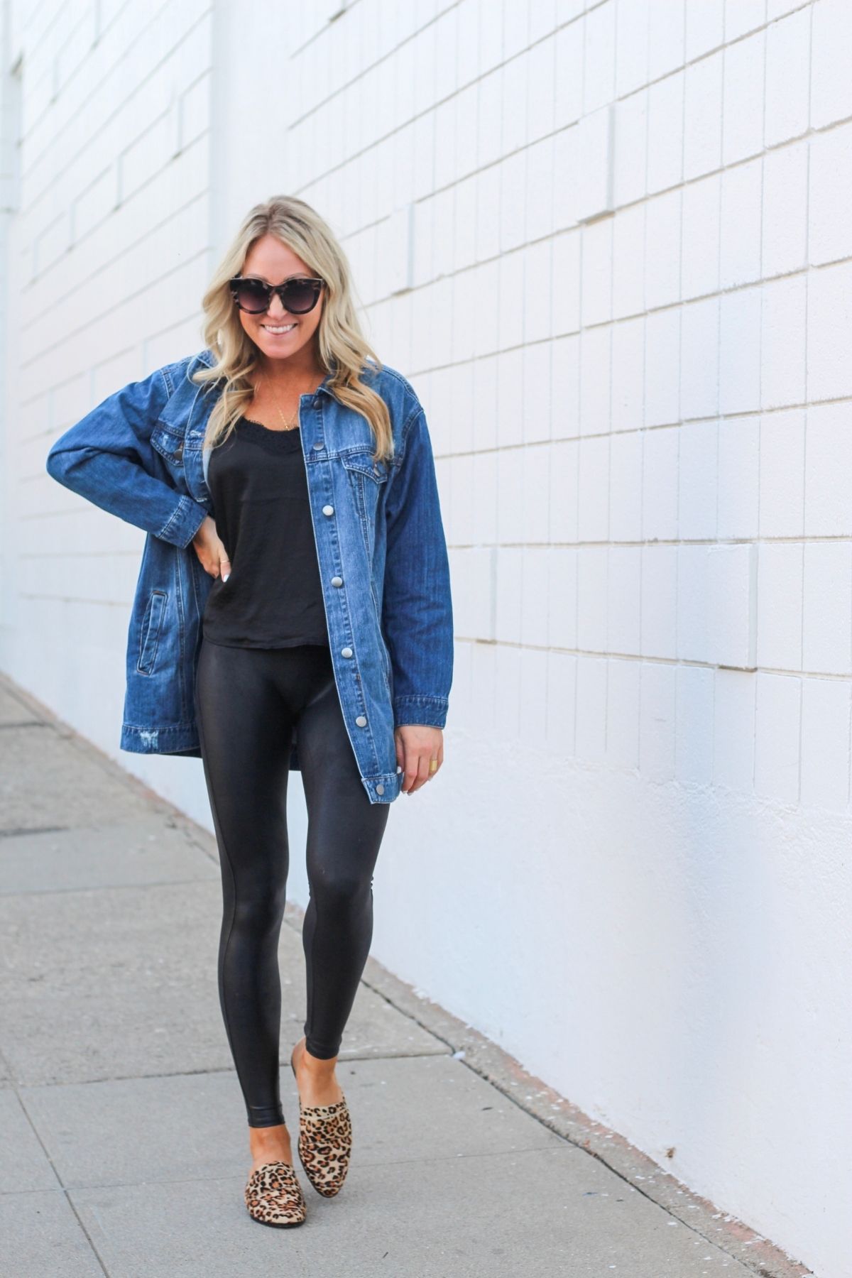 navy blazer, white shirt, leather leggings