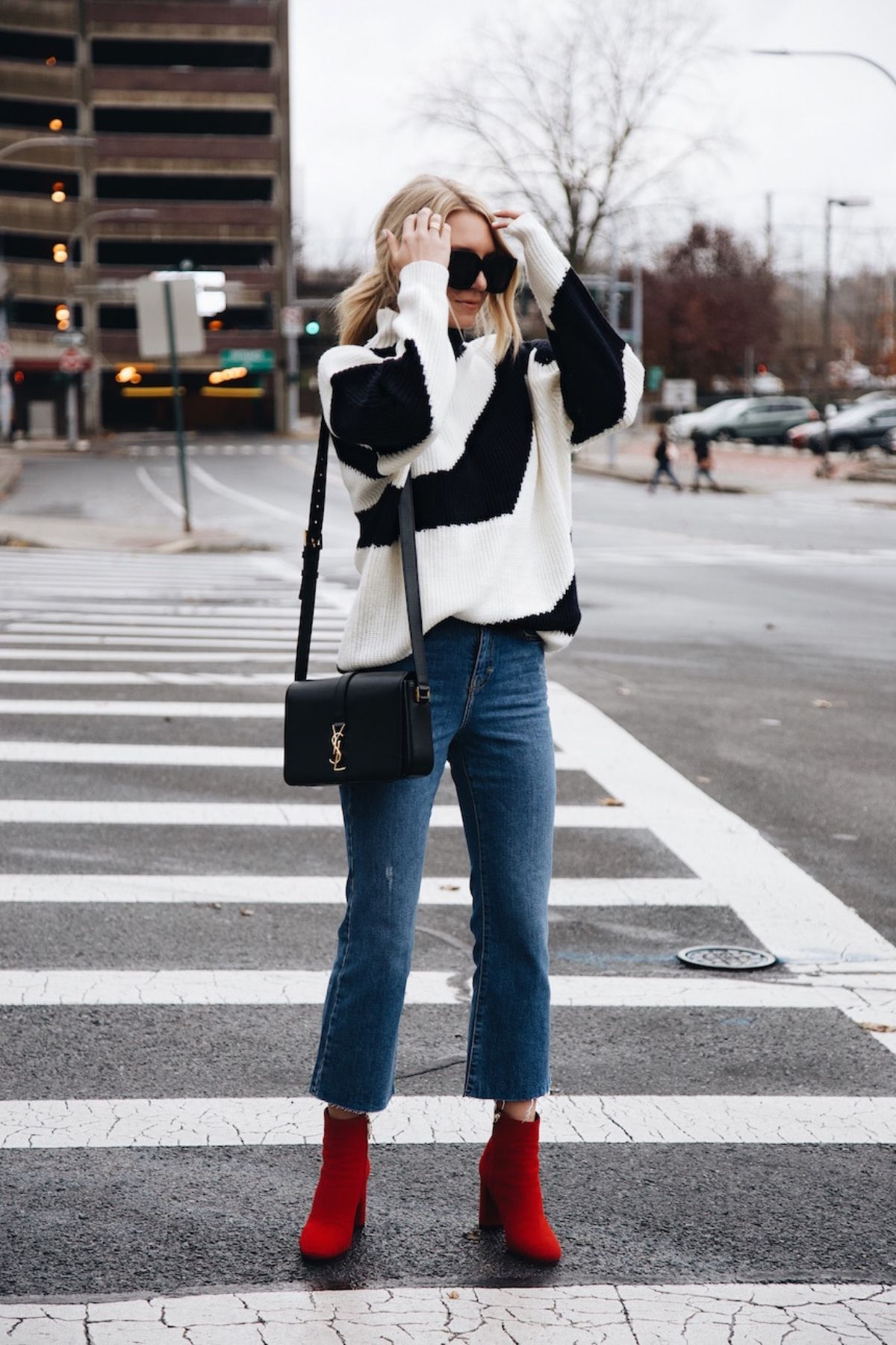 wear a sweater with cropped flare jeans