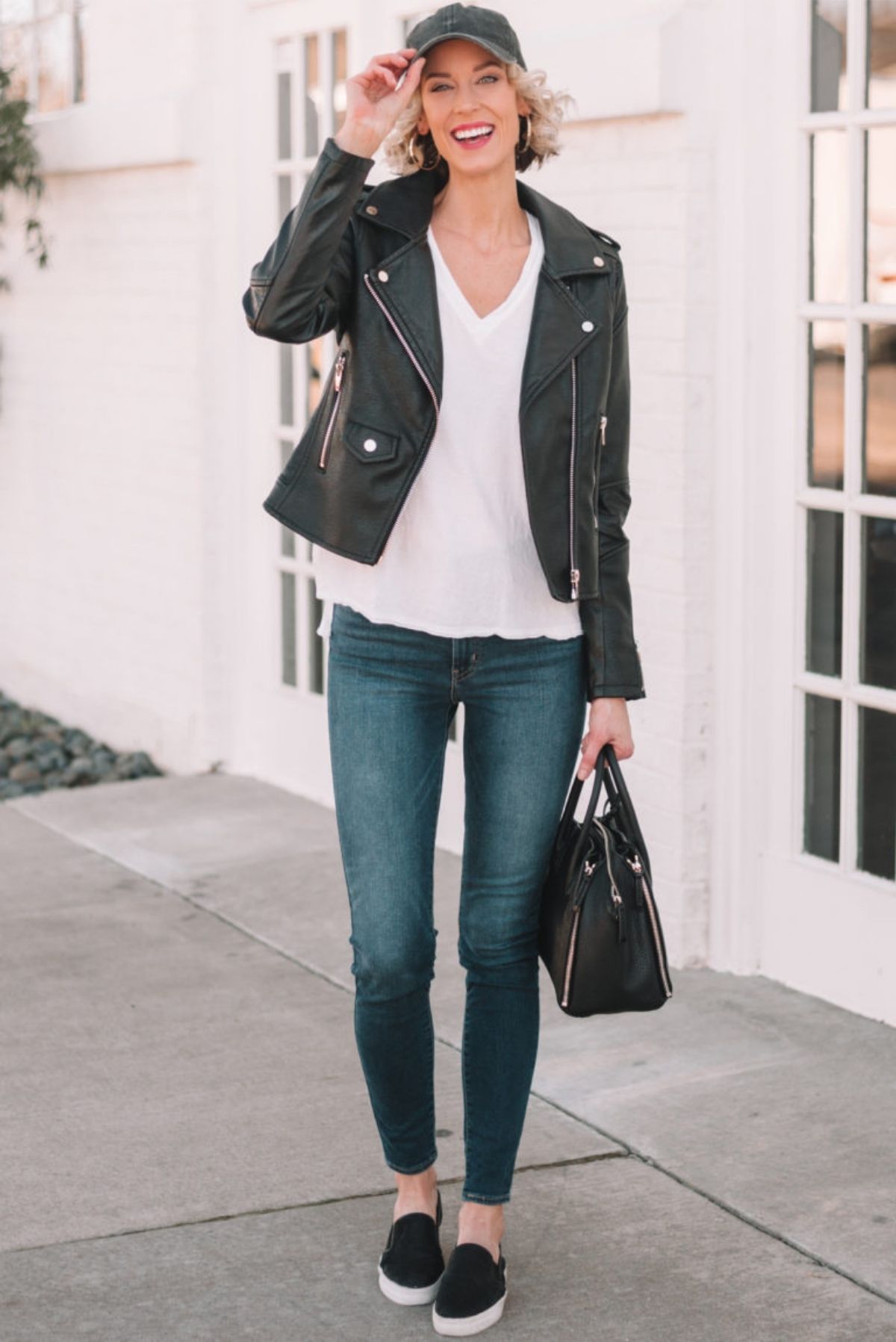 style leather jacket with blue jeans