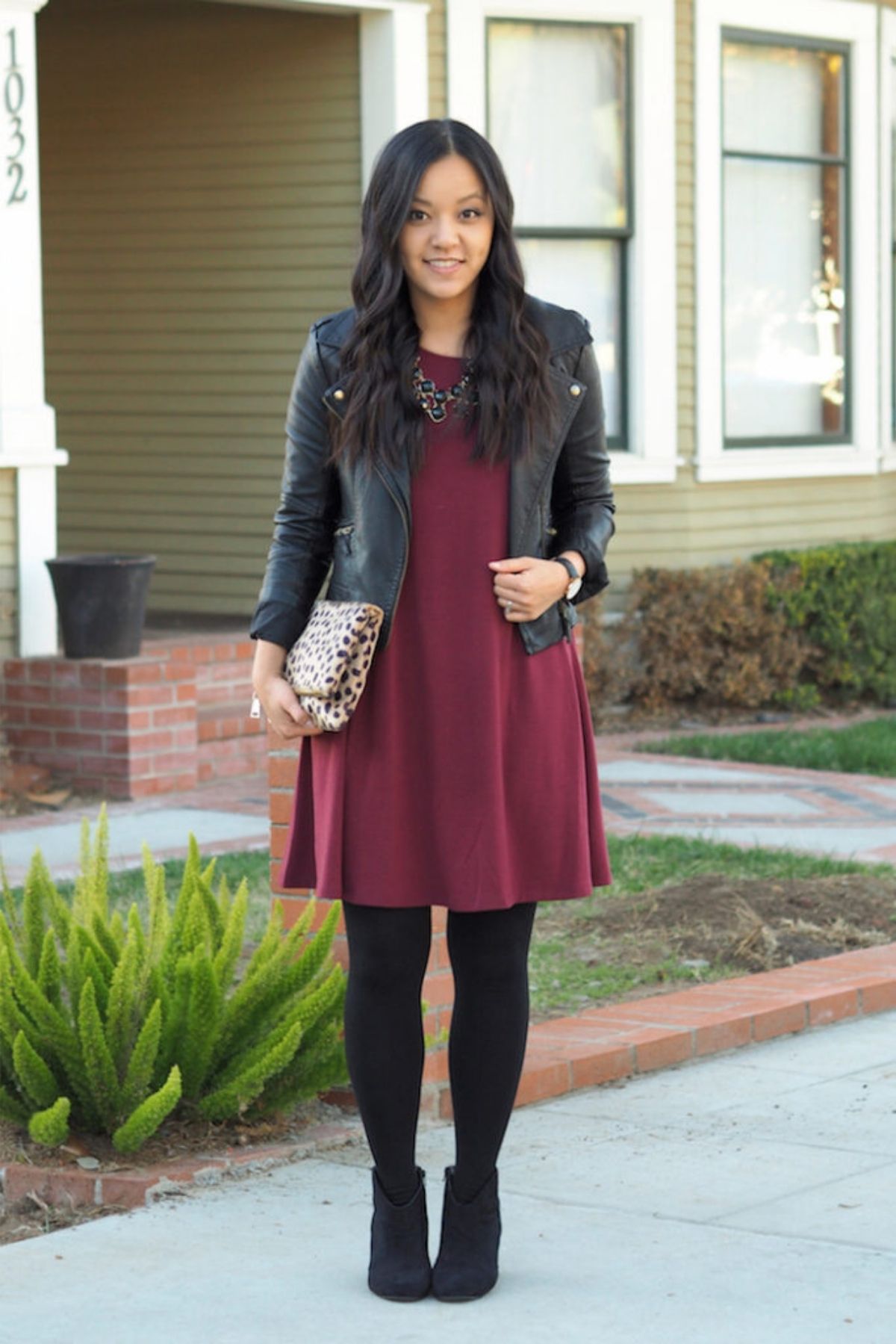 style leather jacket with a dress