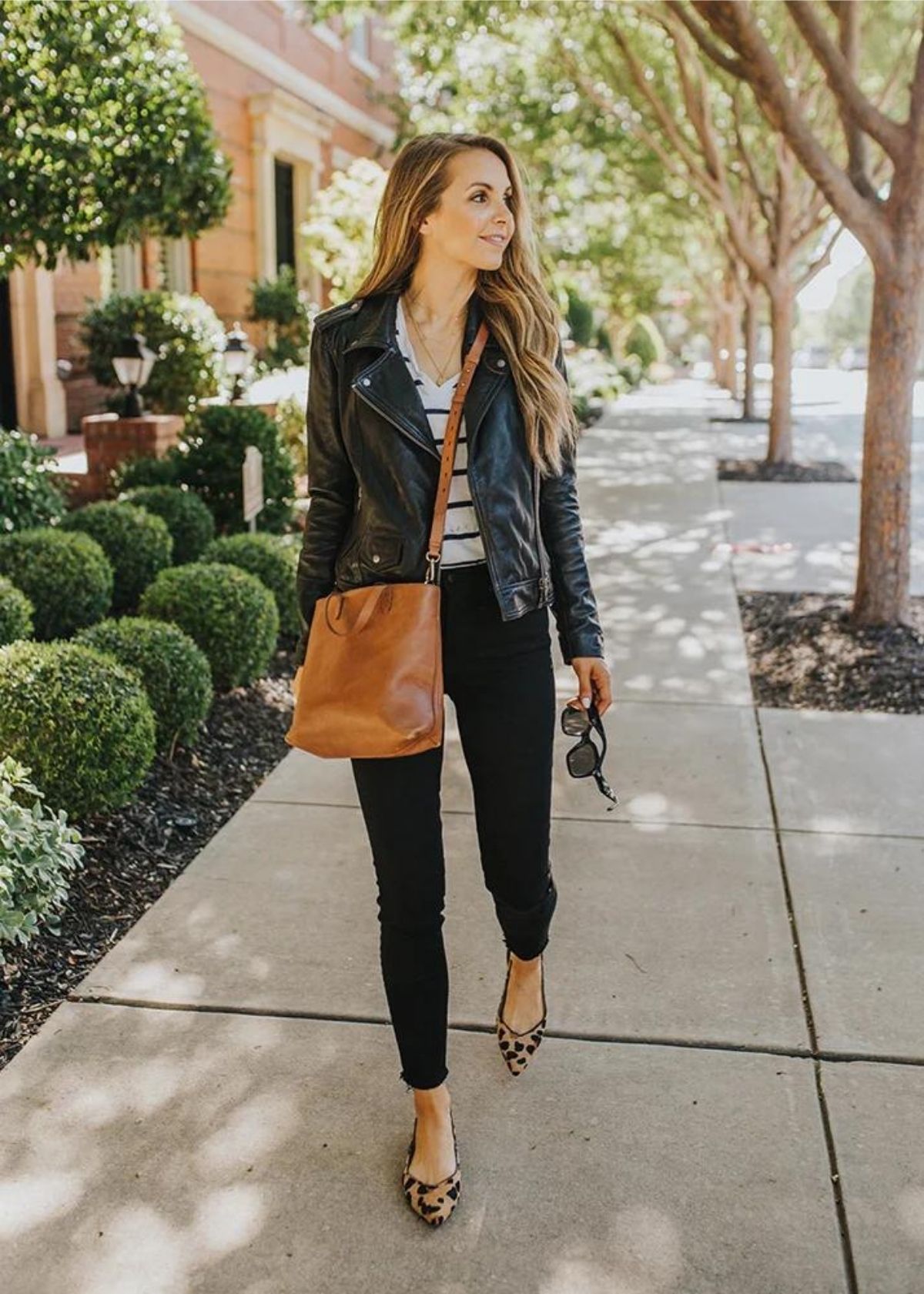 style leather jacket with a striped tee