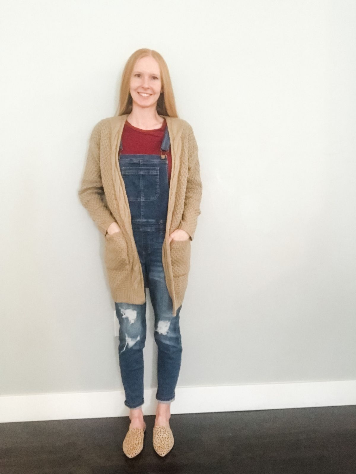 styling overalls with a cardigan
