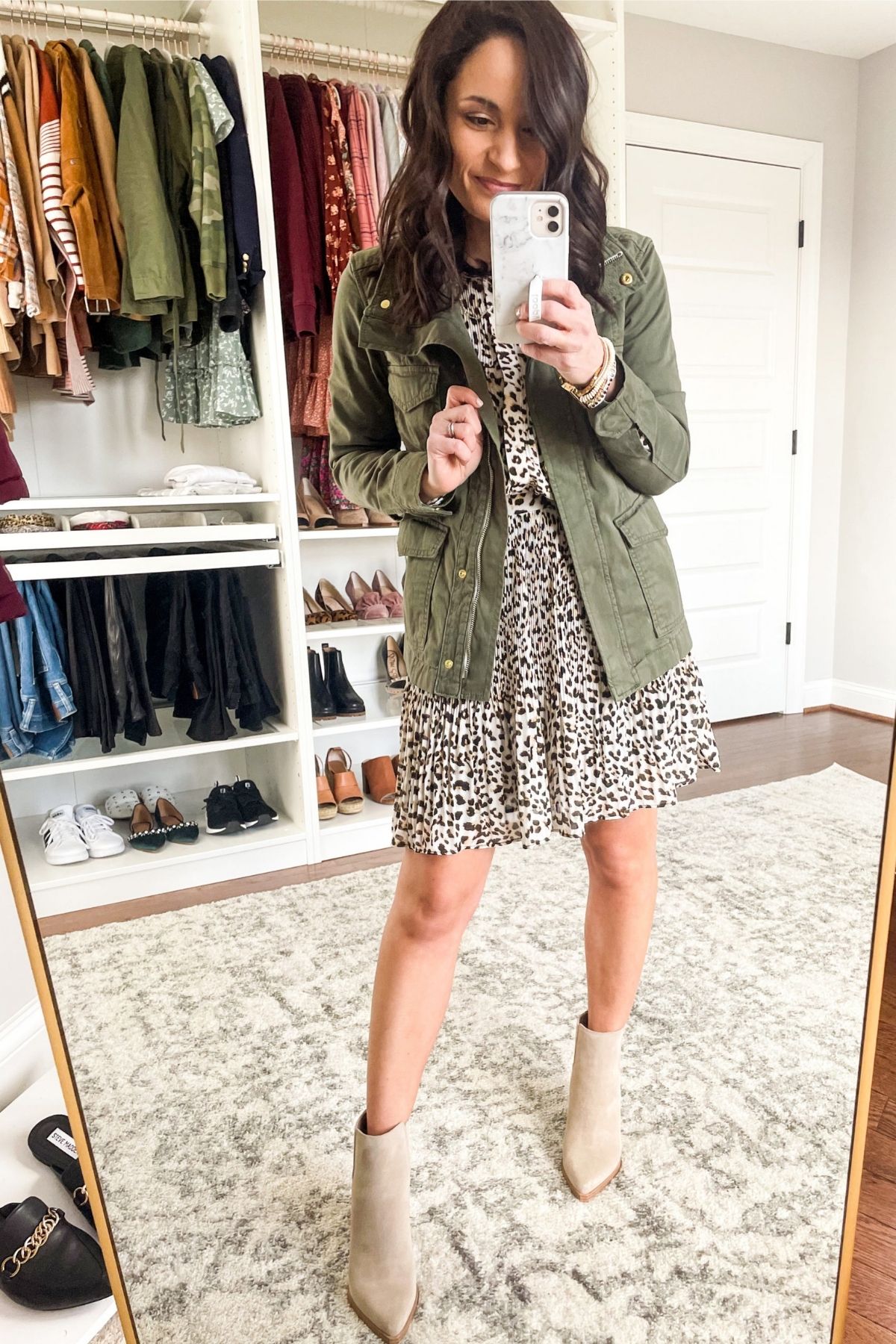 utility jacket outfit with leopard dress