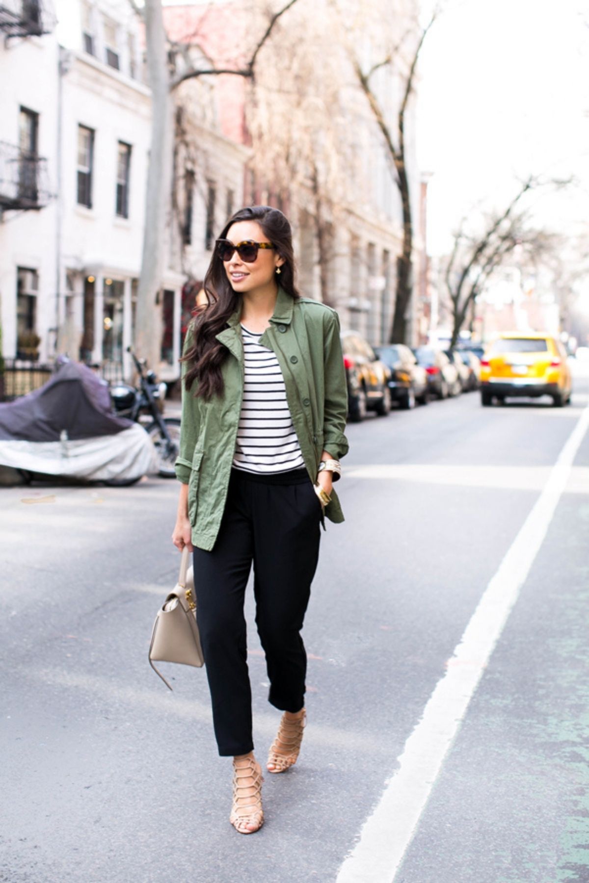 utility jacket outfit with striped shirt