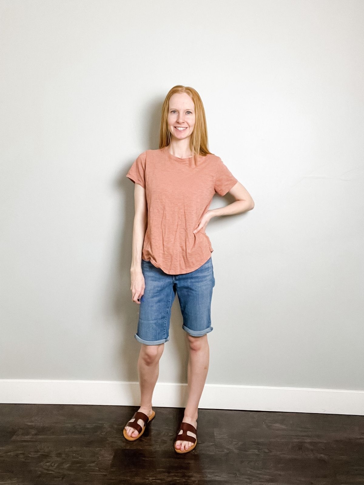 denim bermuda shorts outfit with solid colored top