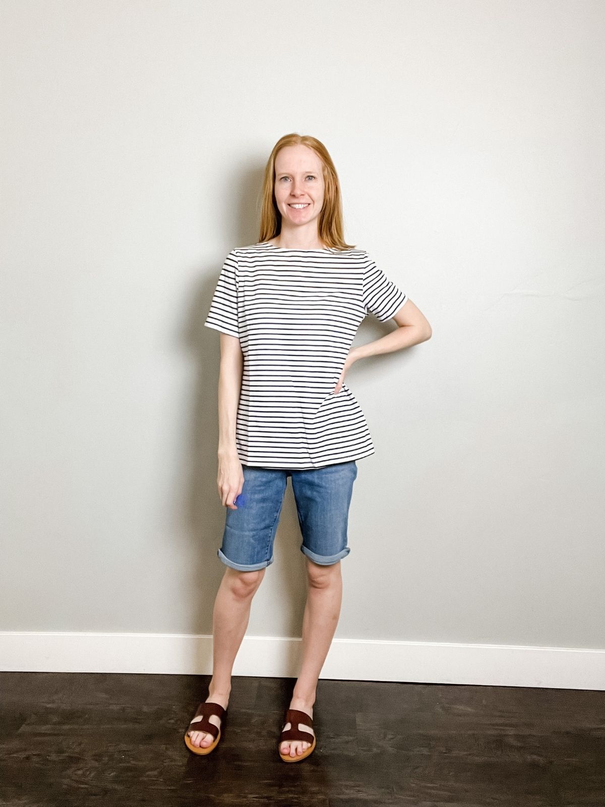 denim bermuda shorts styled with striped top