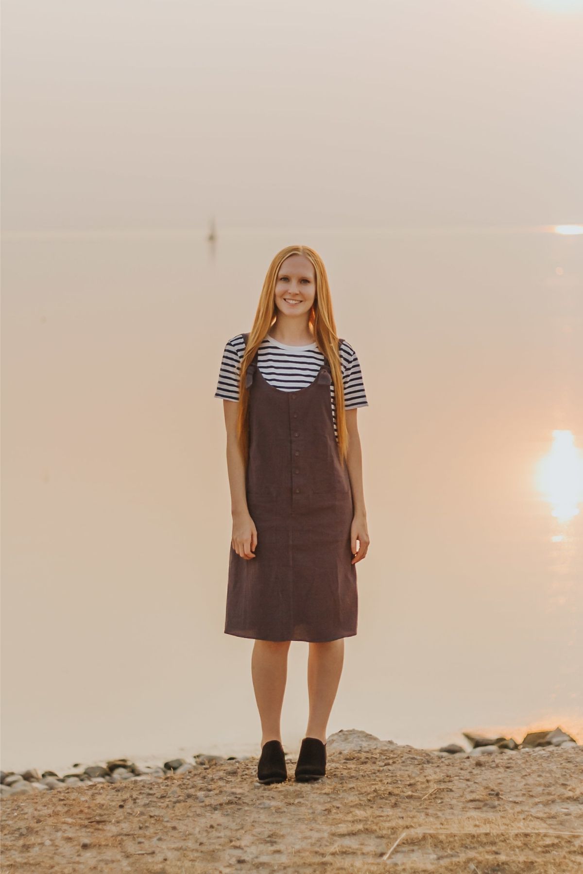 grey jumper dress with striped shirt