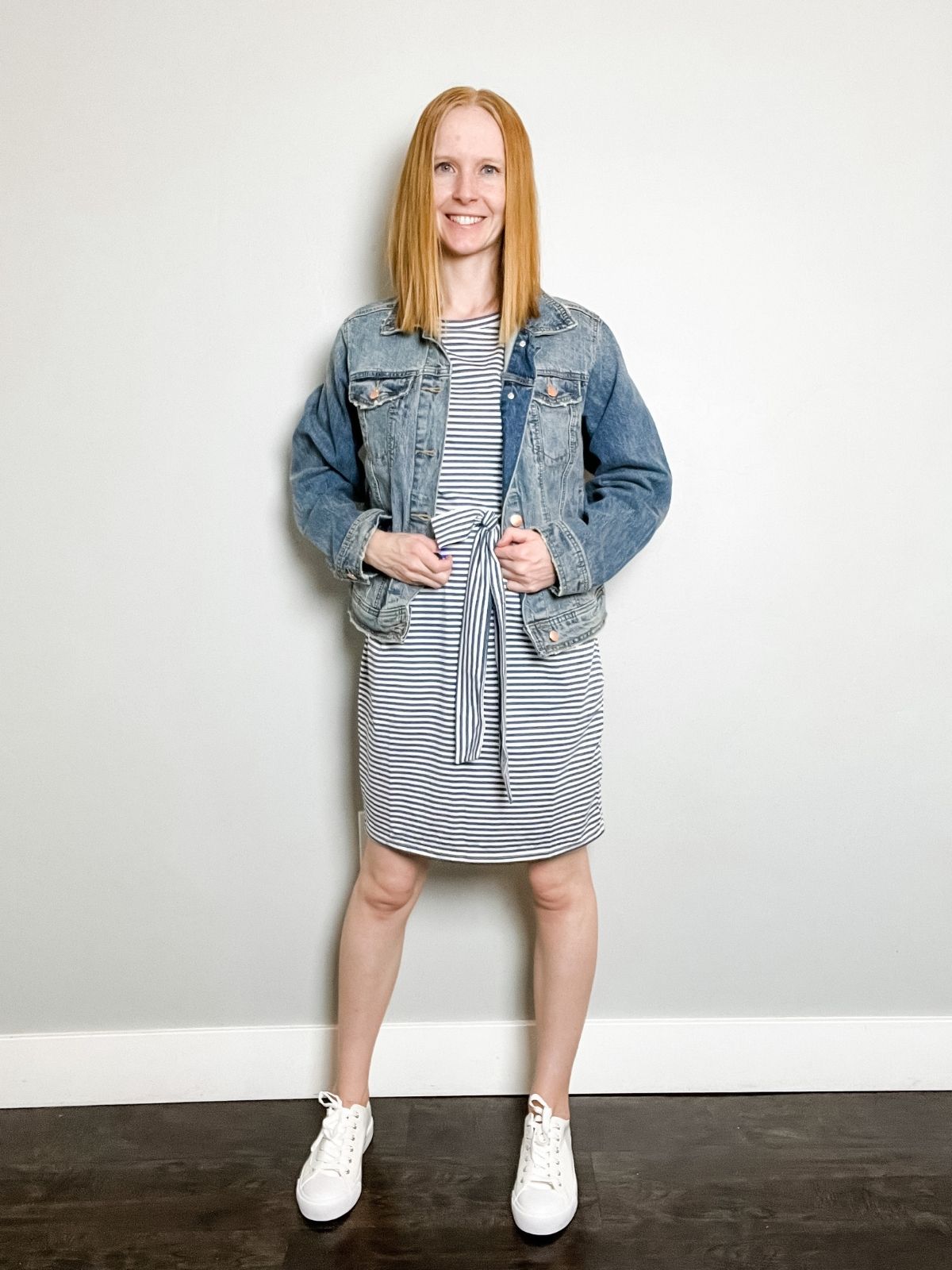 jean jacket and dress outfit