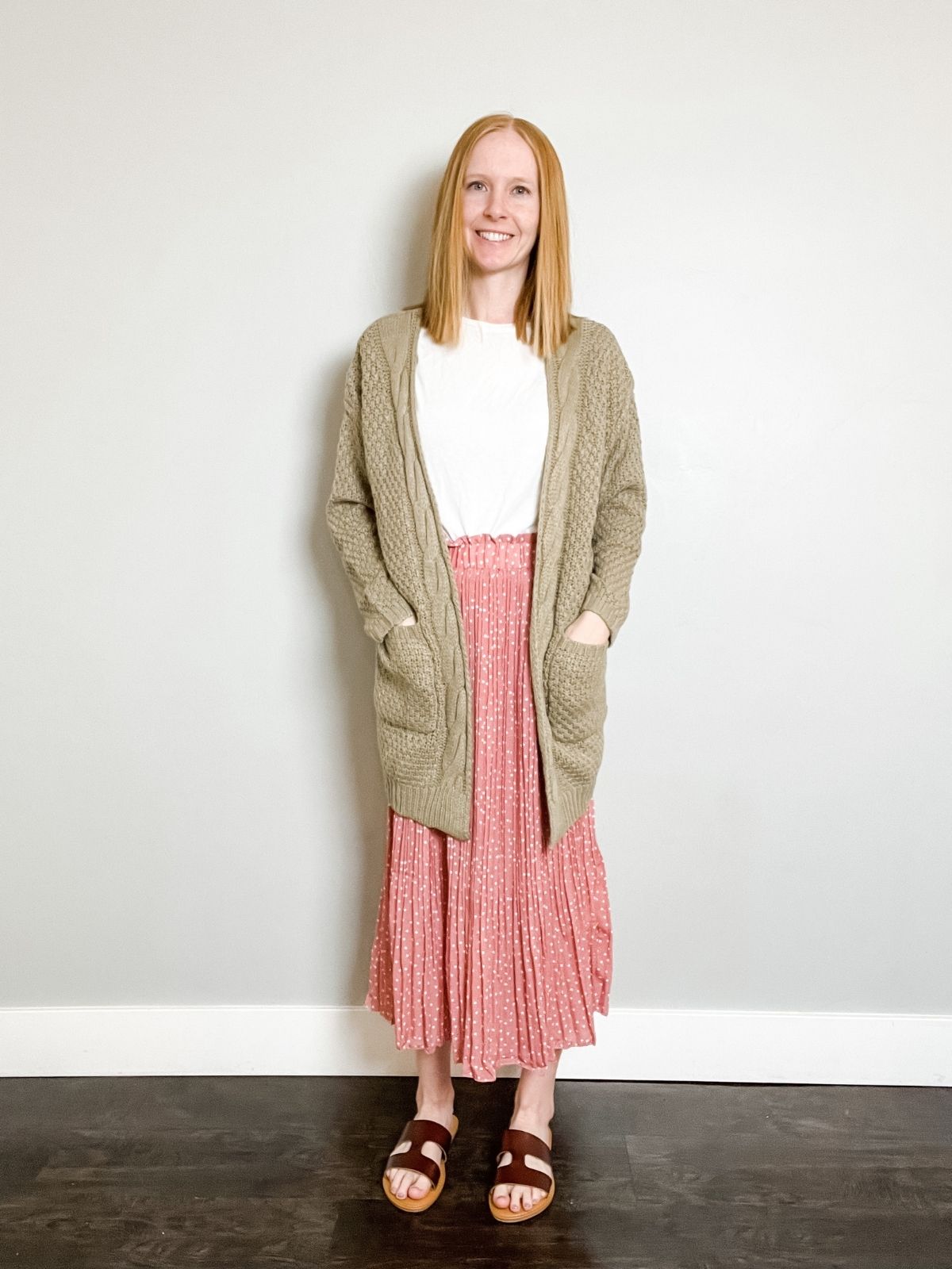 midi skirt outfit with sandals and long cardigan