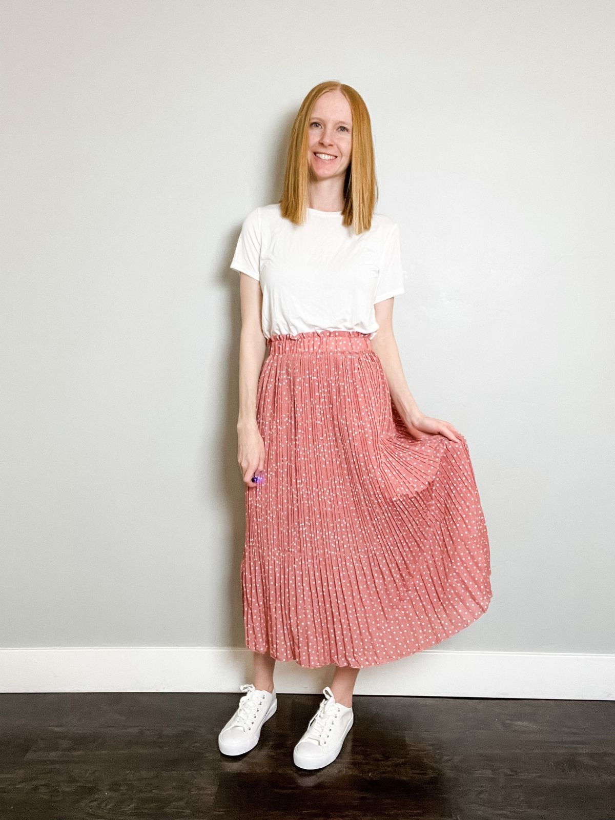 midi skirt outfit with white shirt and white sneakers