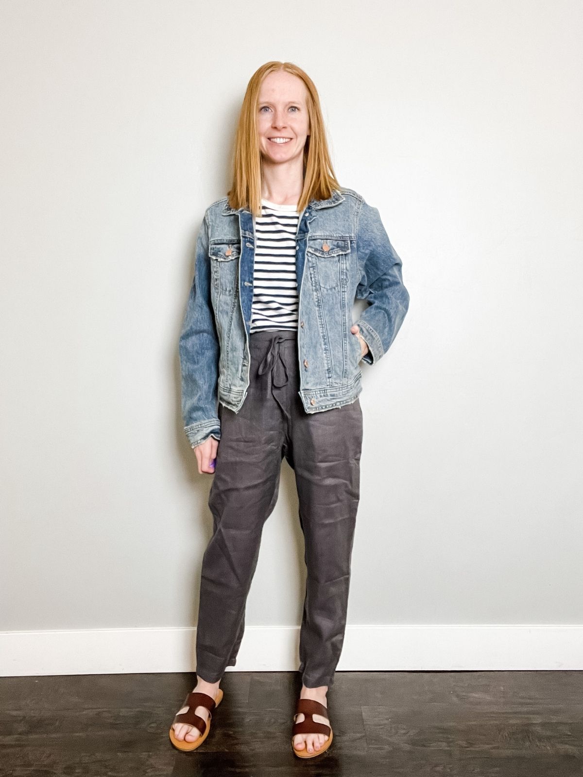 styling jean jacket with striped top