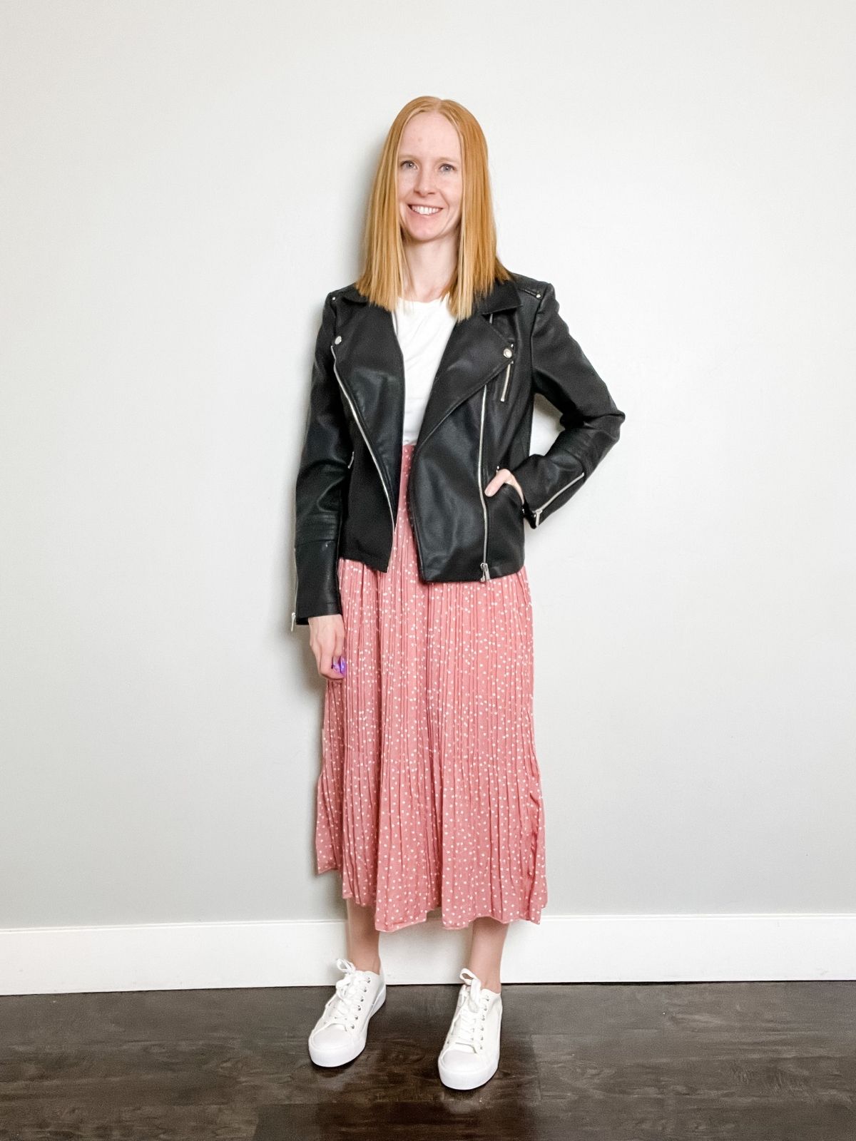 styling leather jacket with midi skirt
