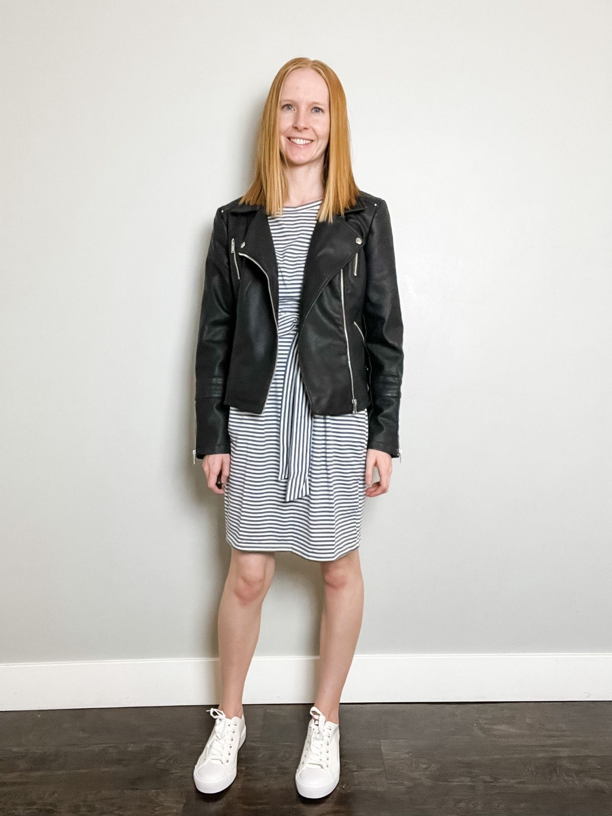 styling leather jacket with striped dress