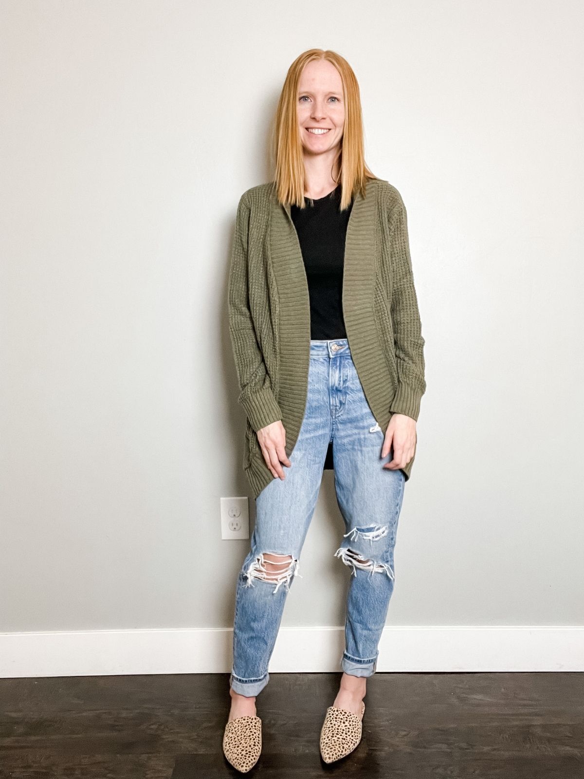 styling long cardigan with black top mom jeans leopard mules