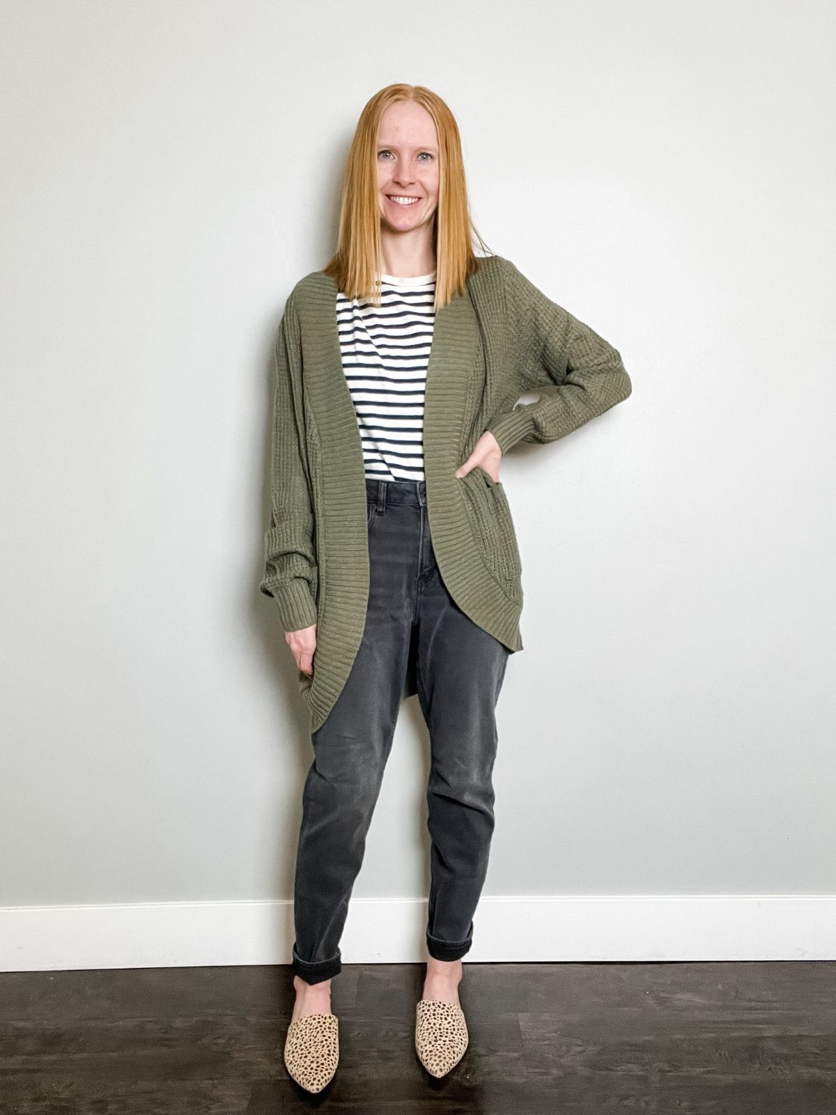 styling long cardigan with striped shirt leopard mules black mom jeans