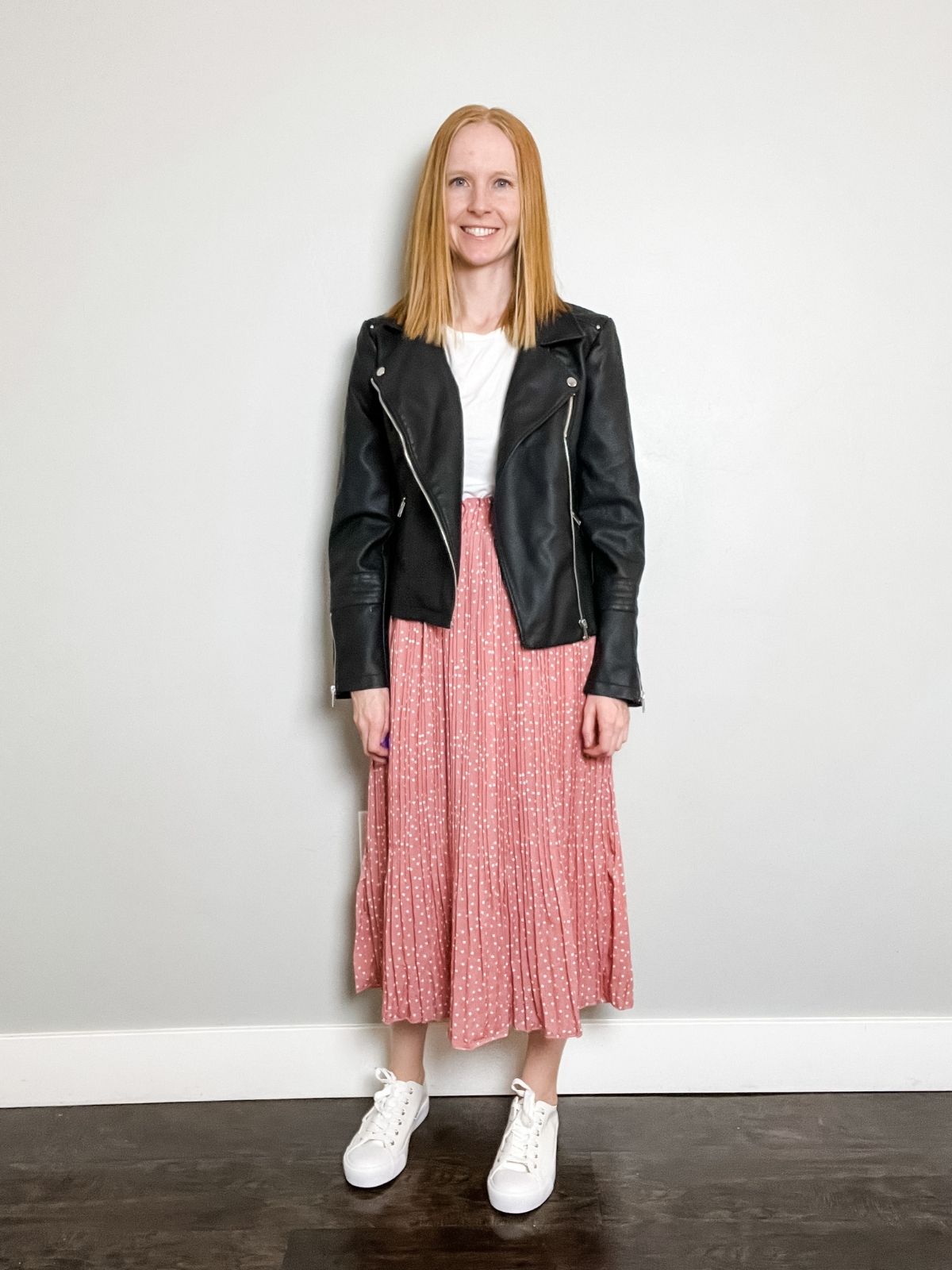 styling midi skirt with white shirt and leather jacket