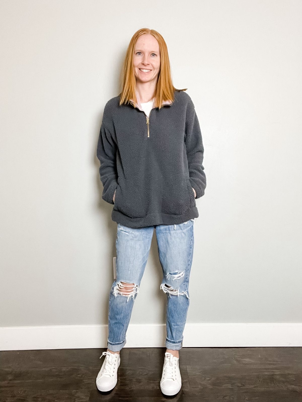 styling mom jeans with sherpa