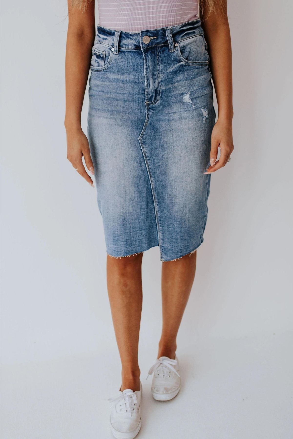 medium wash modest jean skirt