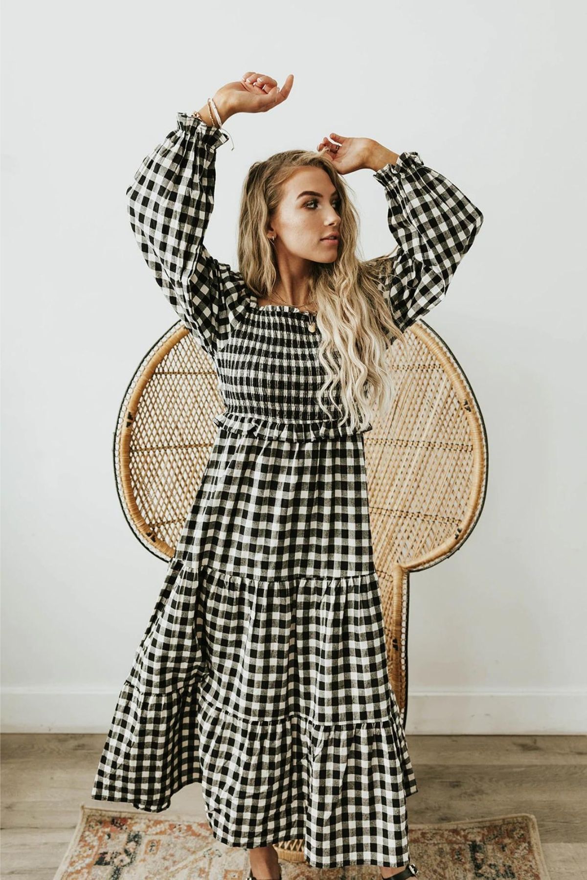 modest black and white gingham dress