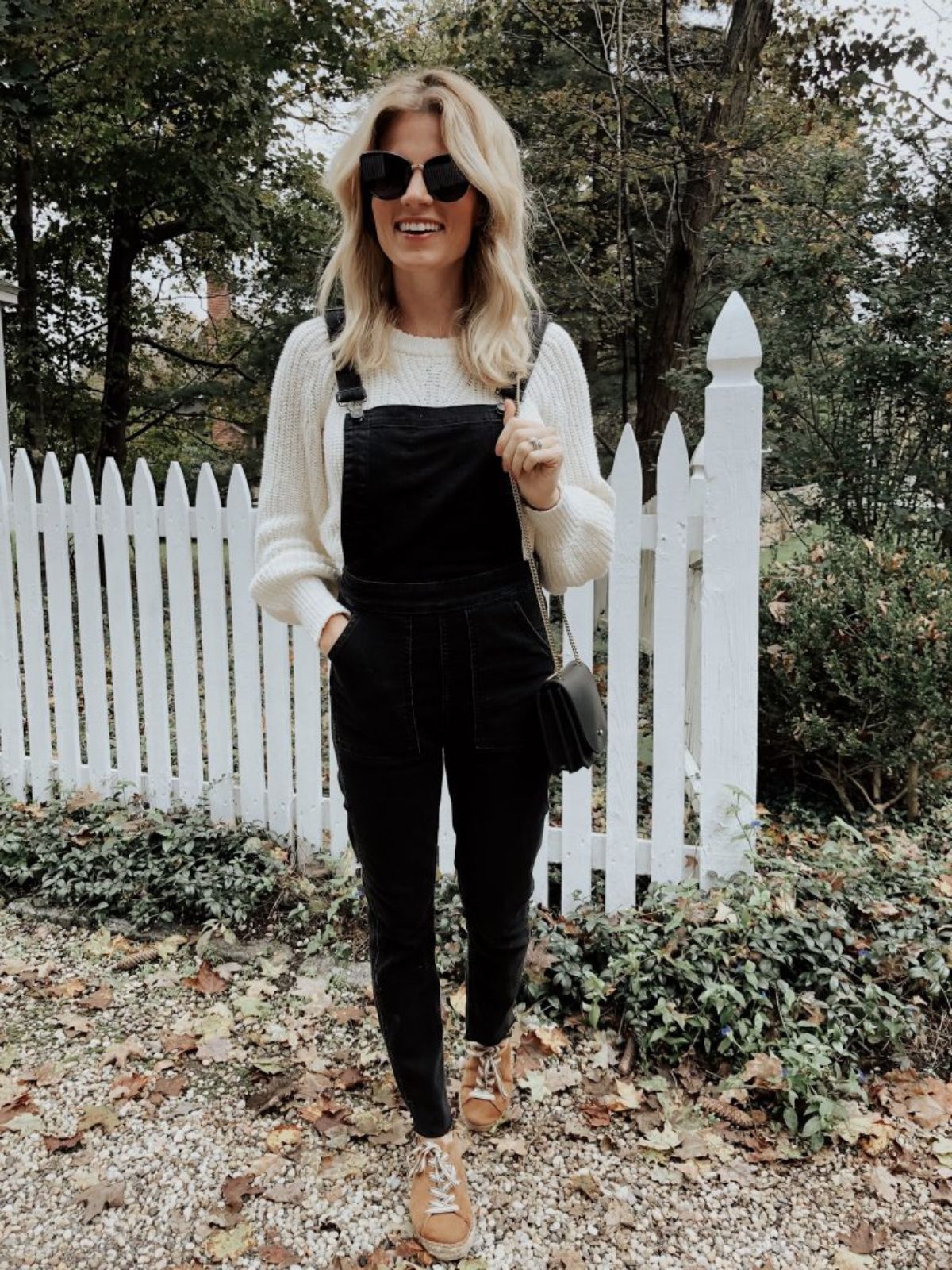 black overalls outfit with a white top