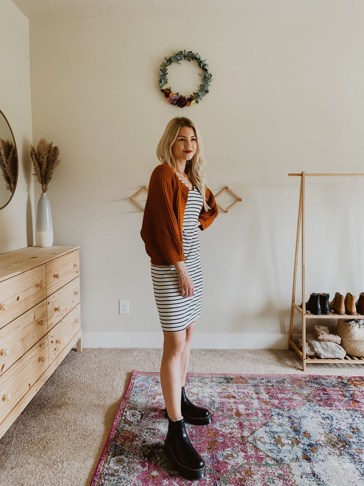 chelsea boot outfit with striped dress