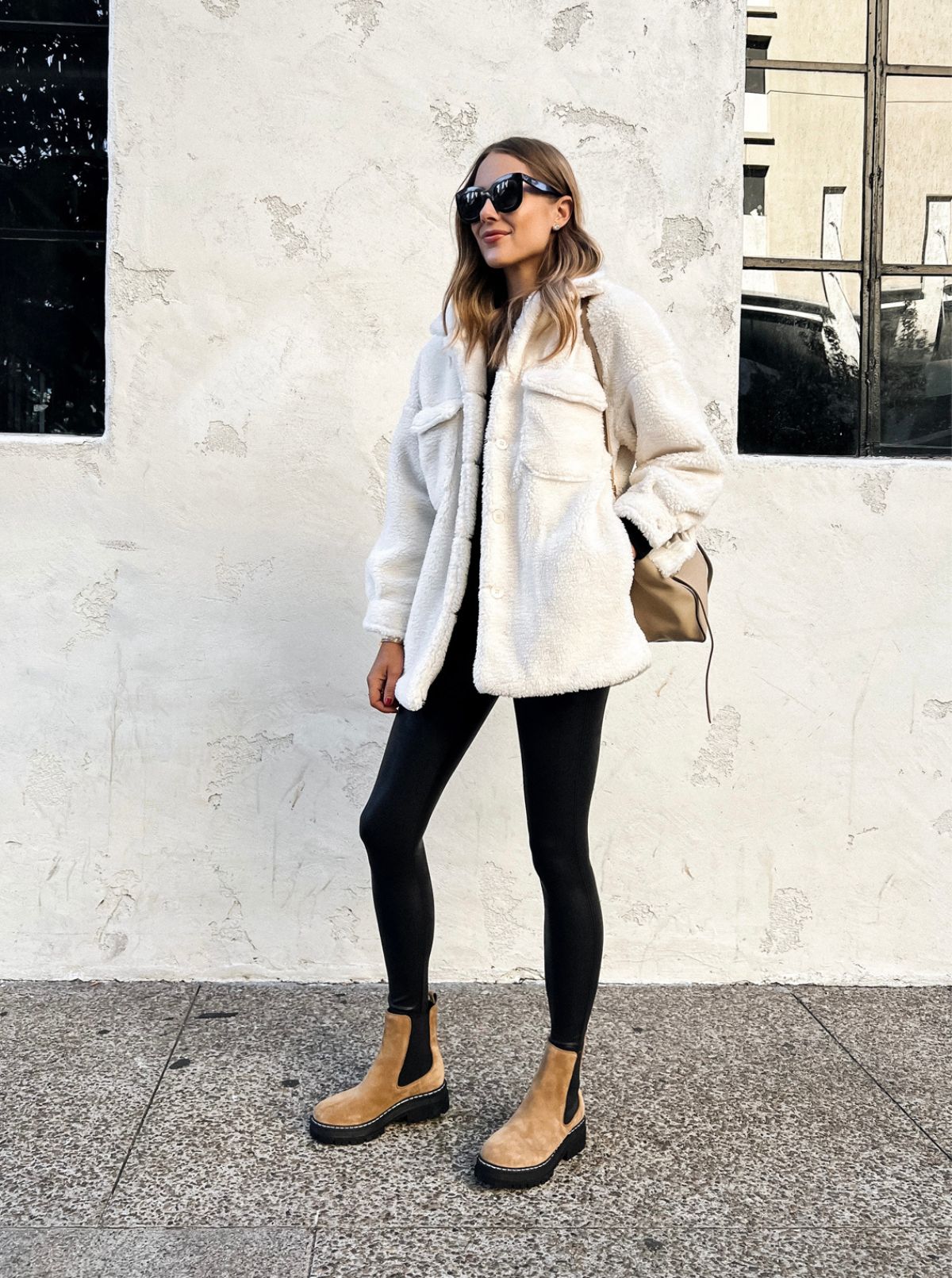 outfit featuring sherpa and brown chelsea boots