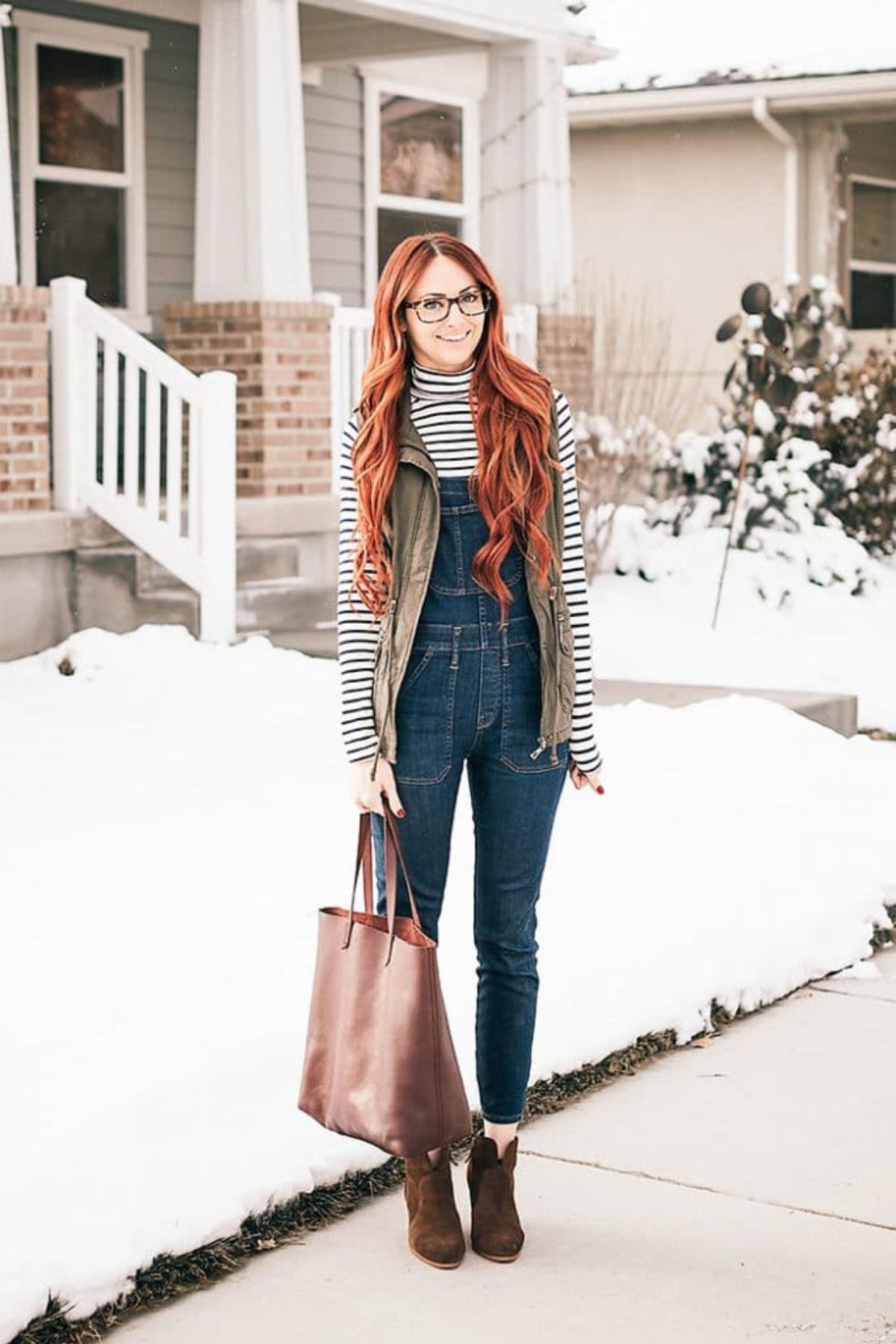 styling denim overalls with vest and turtle neck long sleeve shirt