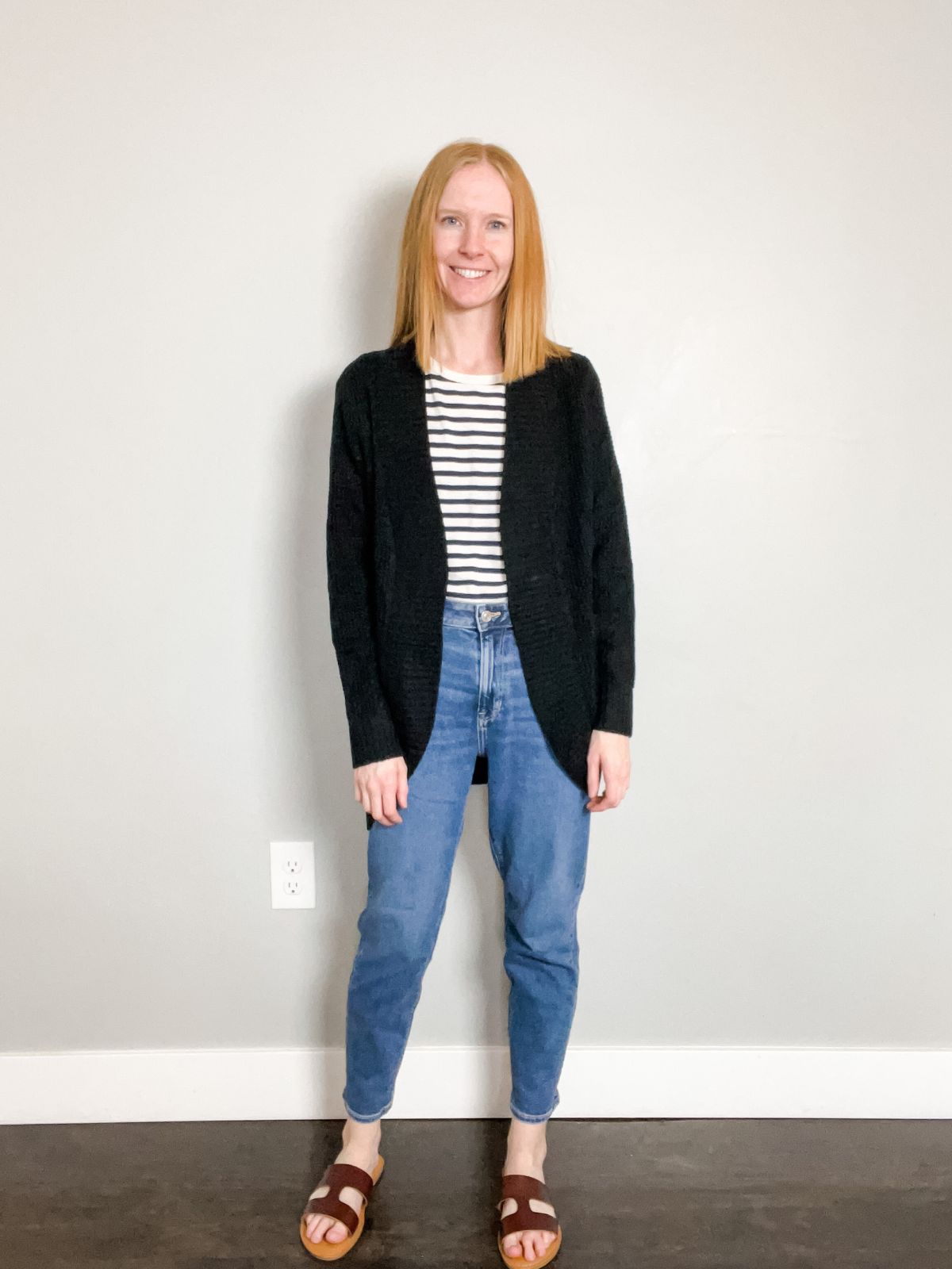 black cardigan with a striped shirt outfit