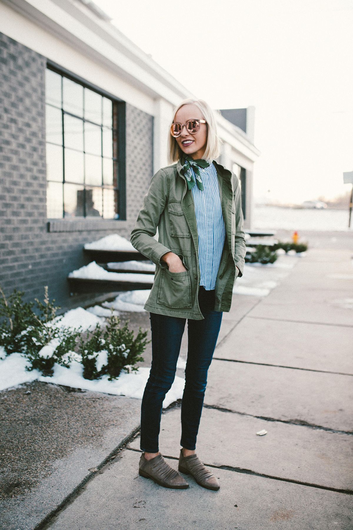 styling low cut booties with utility jacket