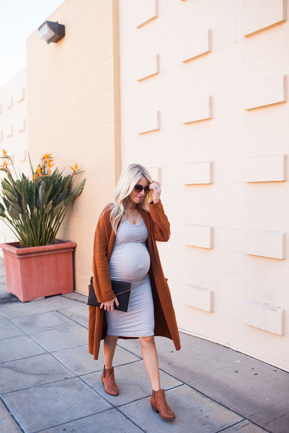 styling booties with knee length dress and long cardigan