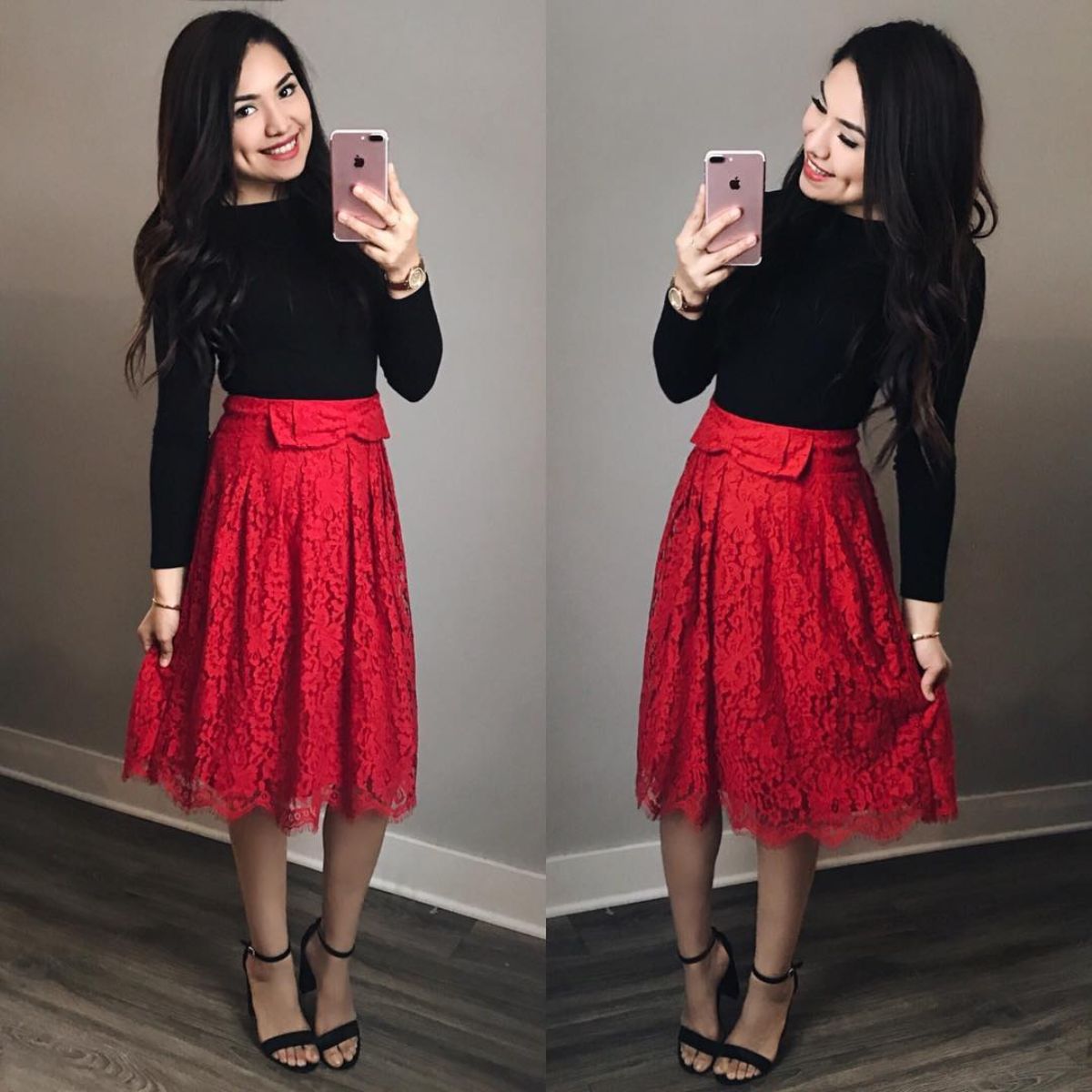 vday outfit with black long sleeve shirt and red skirt with a bow