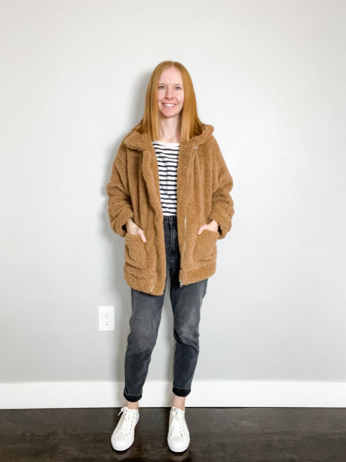 sherpa jacket outfit with black jeans