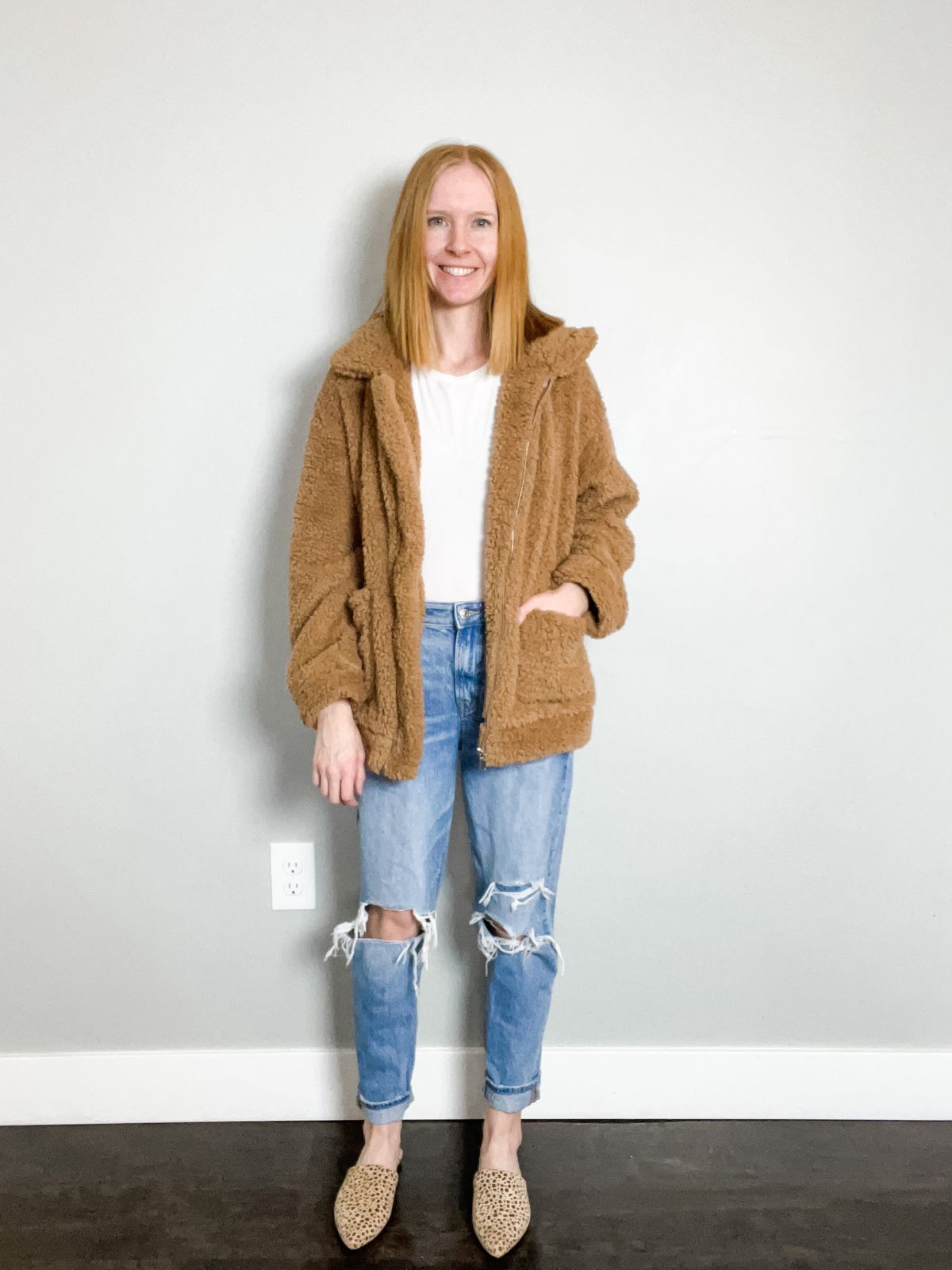 sherpa jacket outfit with distressed jeans