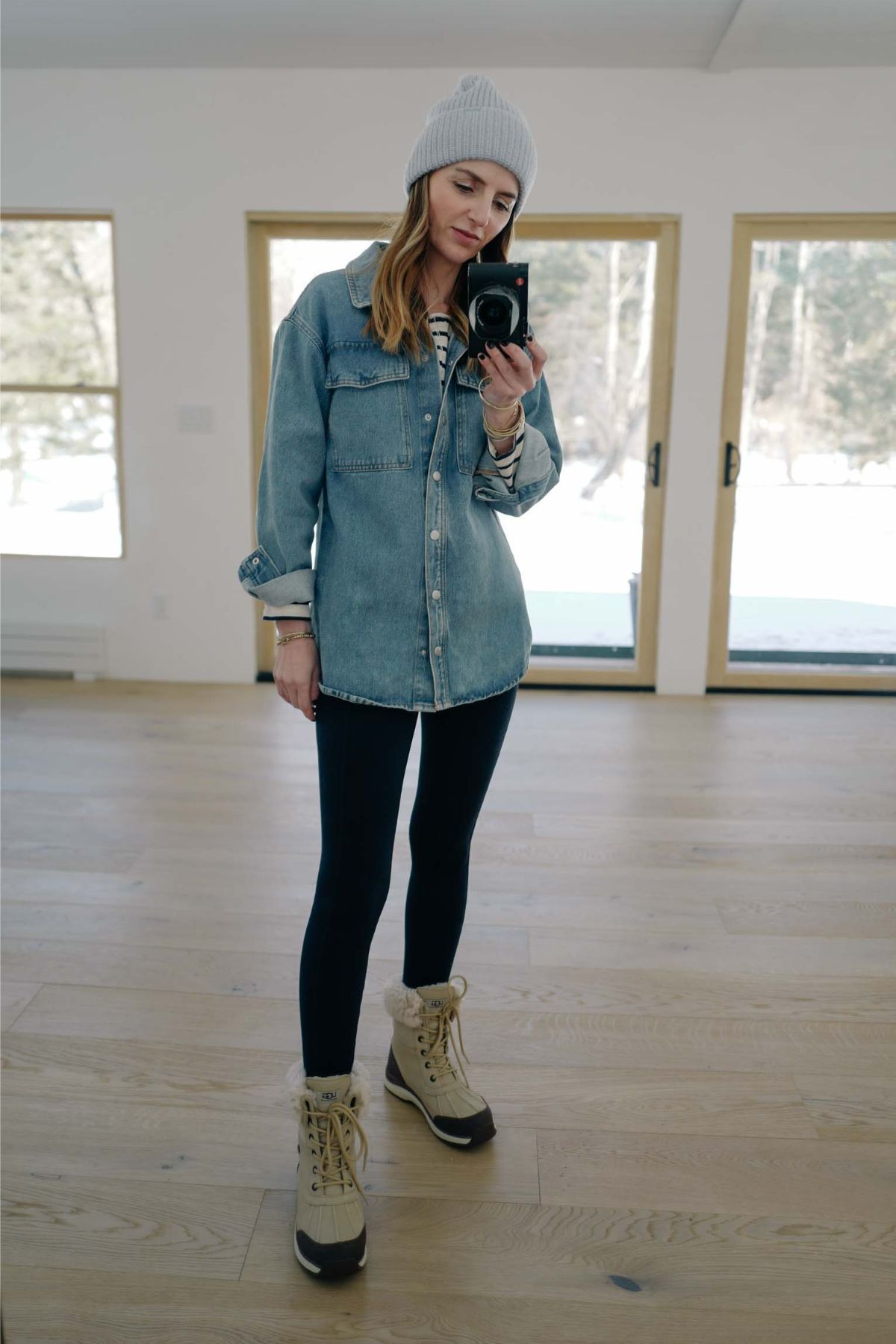 Denim Shirt And Leggings Outfit