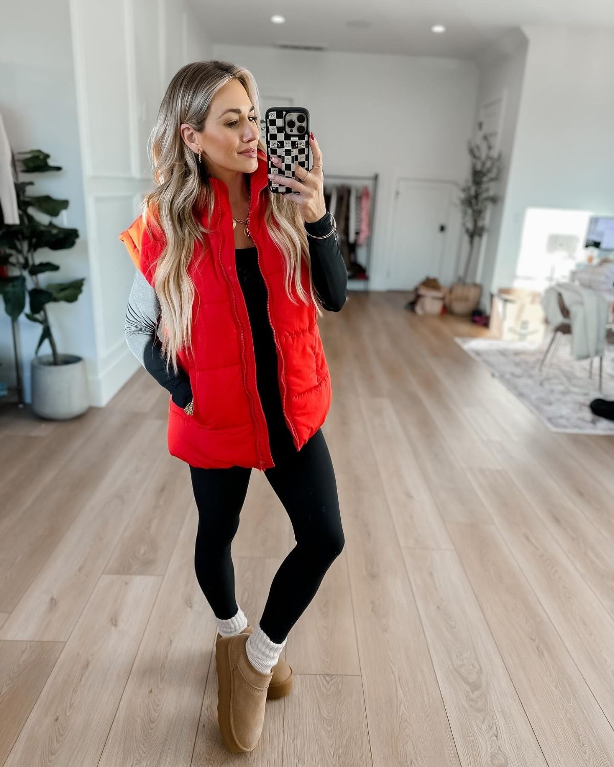 Red Puffer Vest Outfit 

