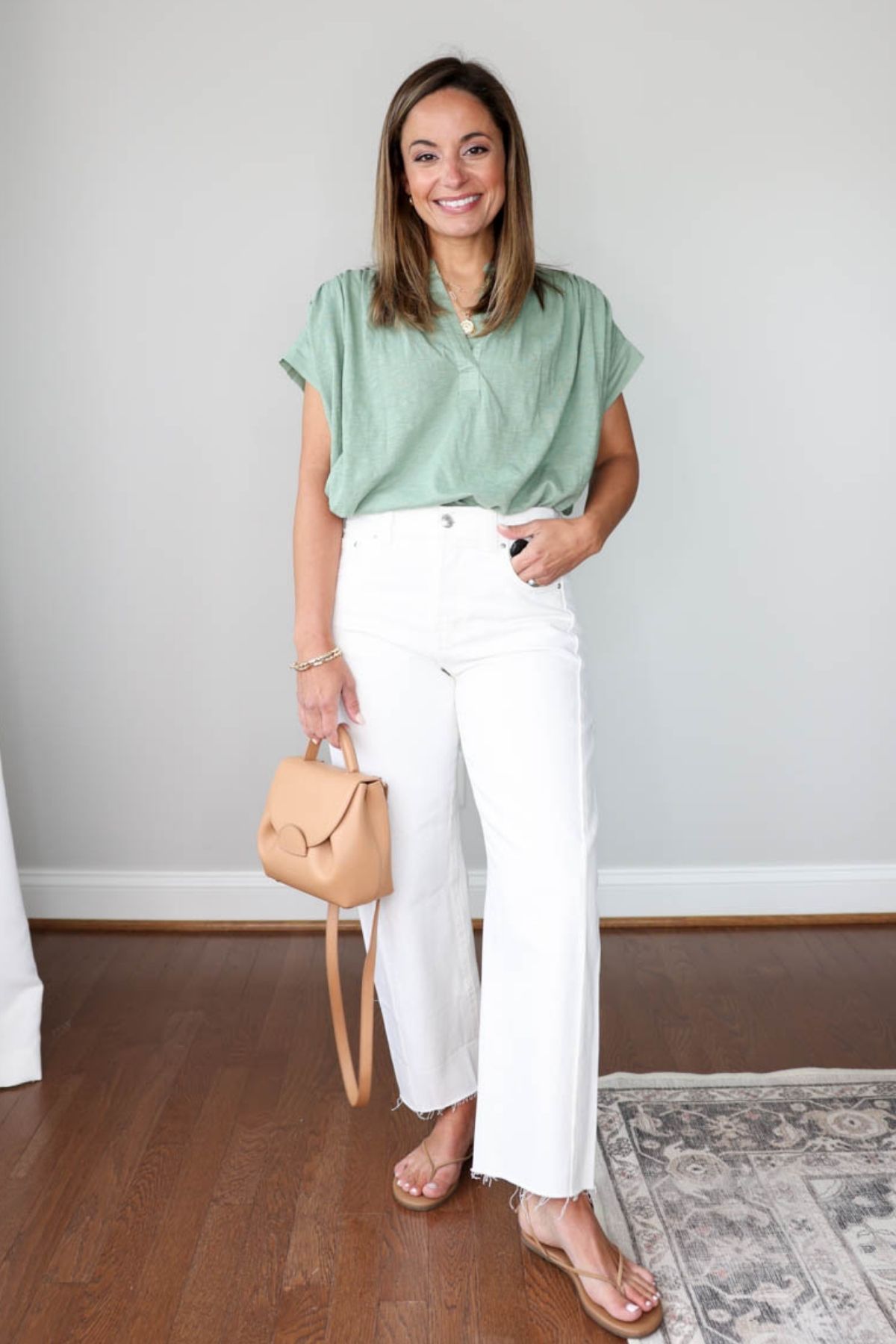 Green Top and White Pants Outfit